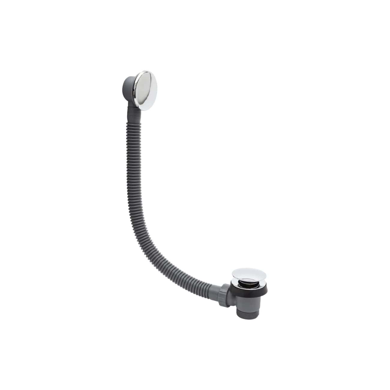 Flexible shower drain pipe with chrome cover for modern bathroom installation. Durable grey corrugated hose, easy to connect, prevents leaks, ideal for bubly bathroom upgrades.