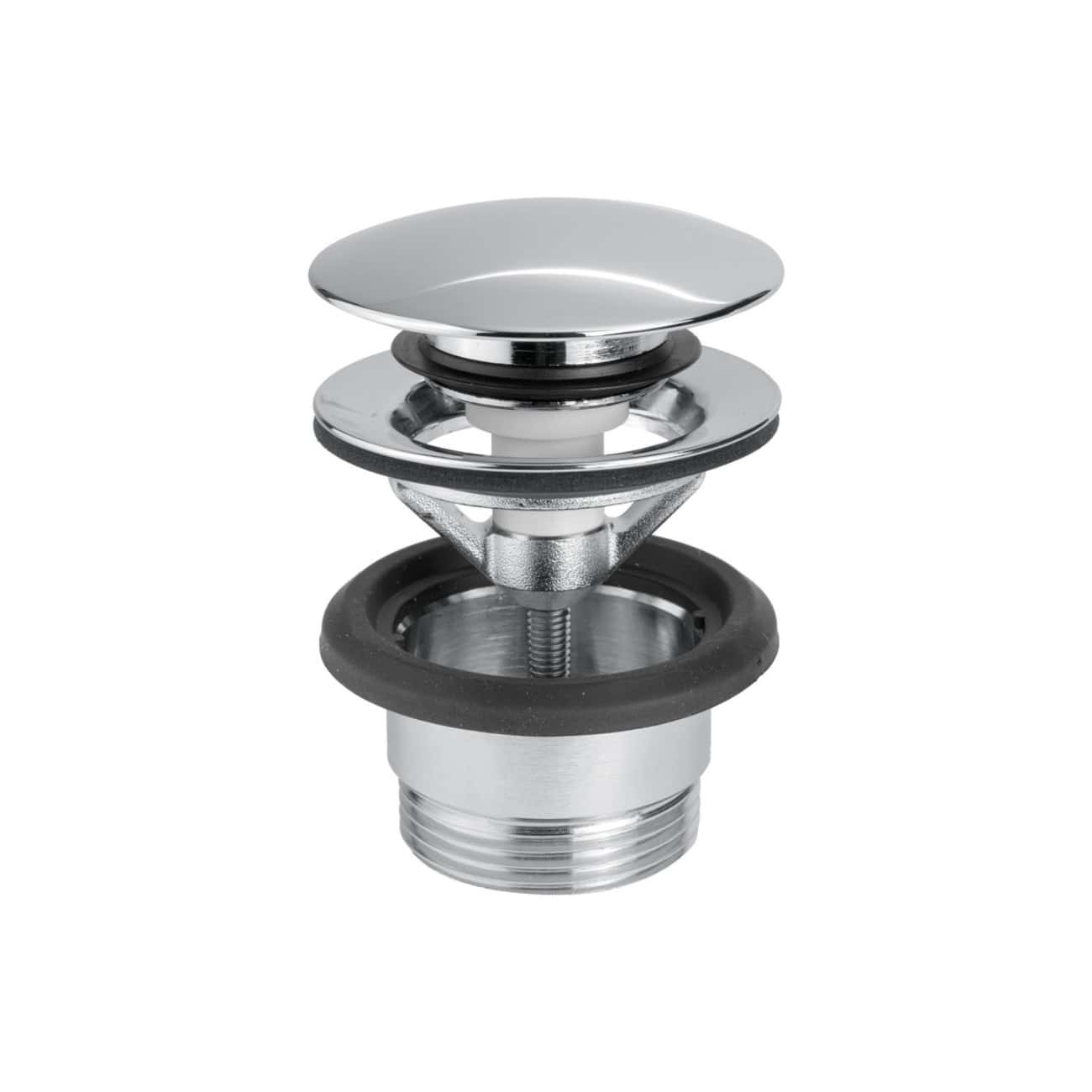 Chrome bathroom sink pop-up drain stopper with rubber seals and metal construction, ideal for modern bathroom basin installations.
