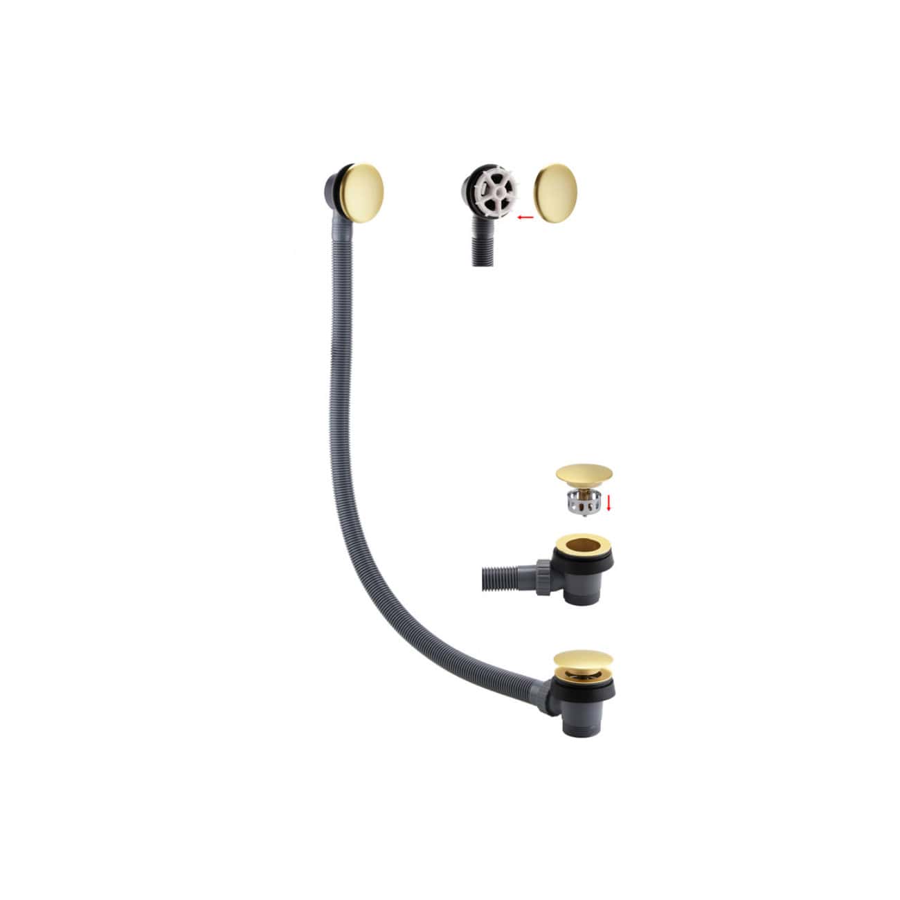 Flexible black bathroom waste pipe with yellow stoppers, connectors, and elastic seals for sink drainage systems.