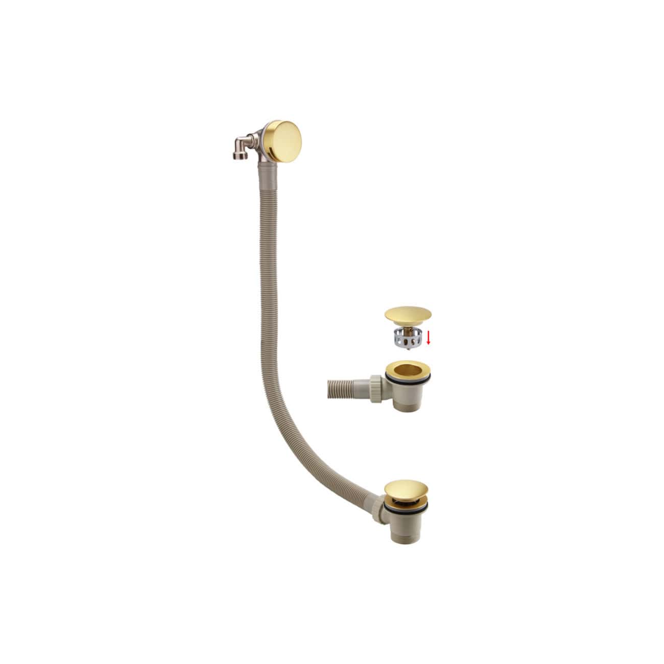 Flexible bathroom sink drain pipe with gold accents, including a pop-up waste and rubber seals, designed for efficient drainage and stylish bathroom bathroom plumbing solutions.