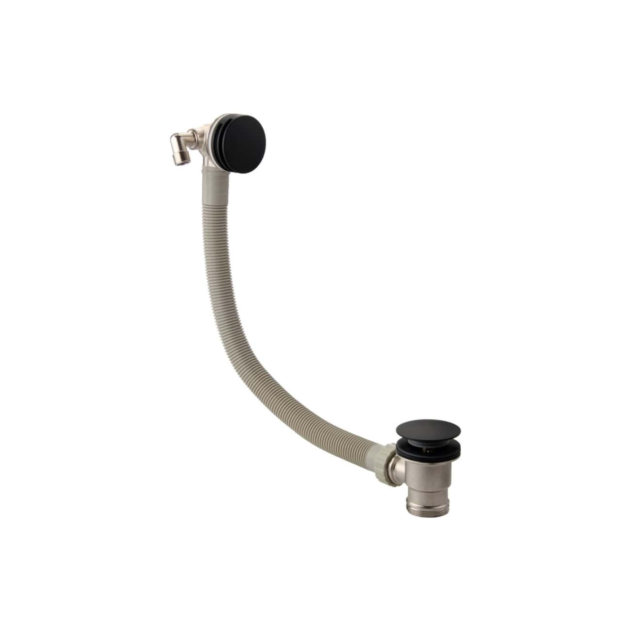 Flexible bathroom sink waste pipe with catch basin and black rubber seal for plumbing repairs and installations.