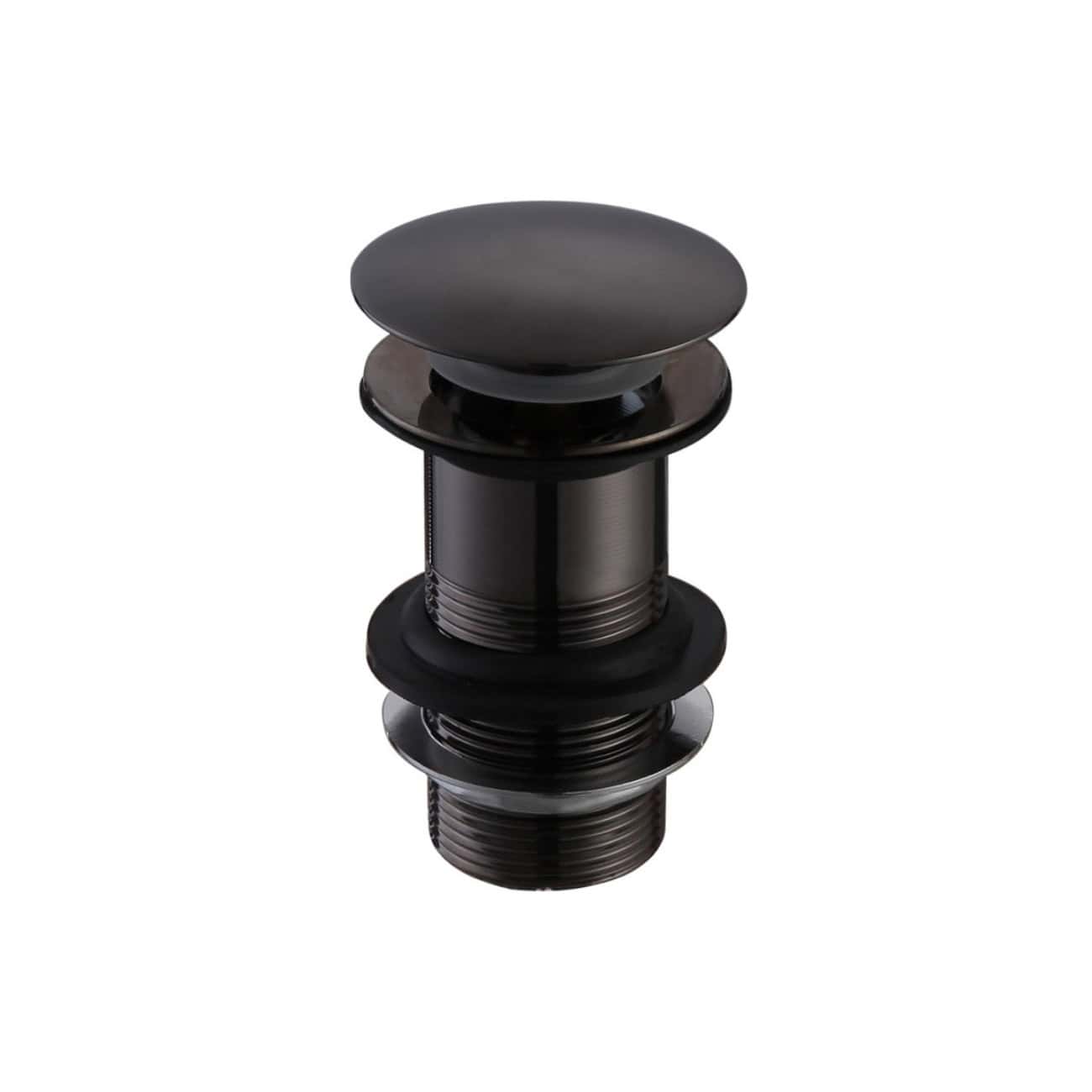 Black bath drain plug with polished finish, suitable for modern bathroom installations. Elegant design enhances functionality and style in bathroom sinks and bathtubs. High-quality materials ensure durability.