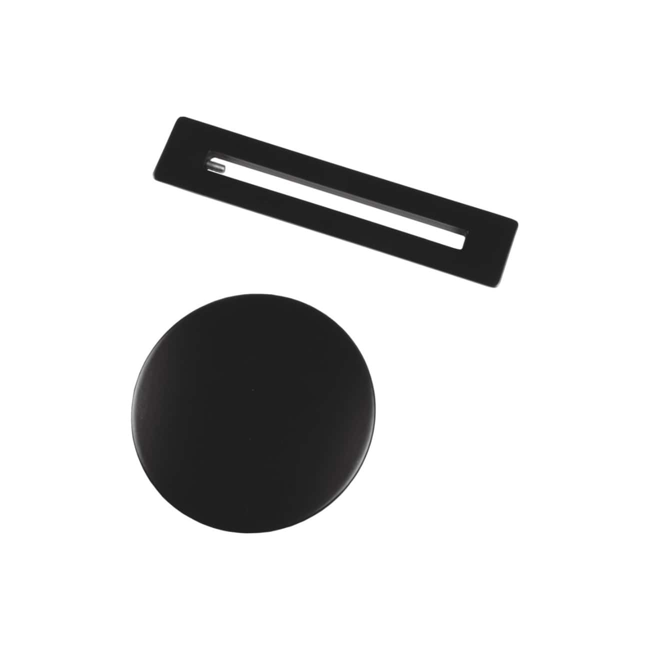 Sleek black or black bathroom accessories on a white background, including a round soap dish and a rectangular soap holder, designed for modern bathroom decor.