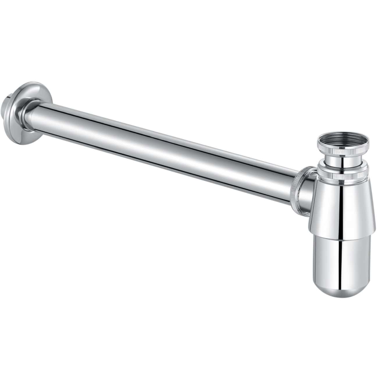 Polished chrome bathroom sink drain pipe with connection fittings, modern plumbing fixture for bathroom installation.