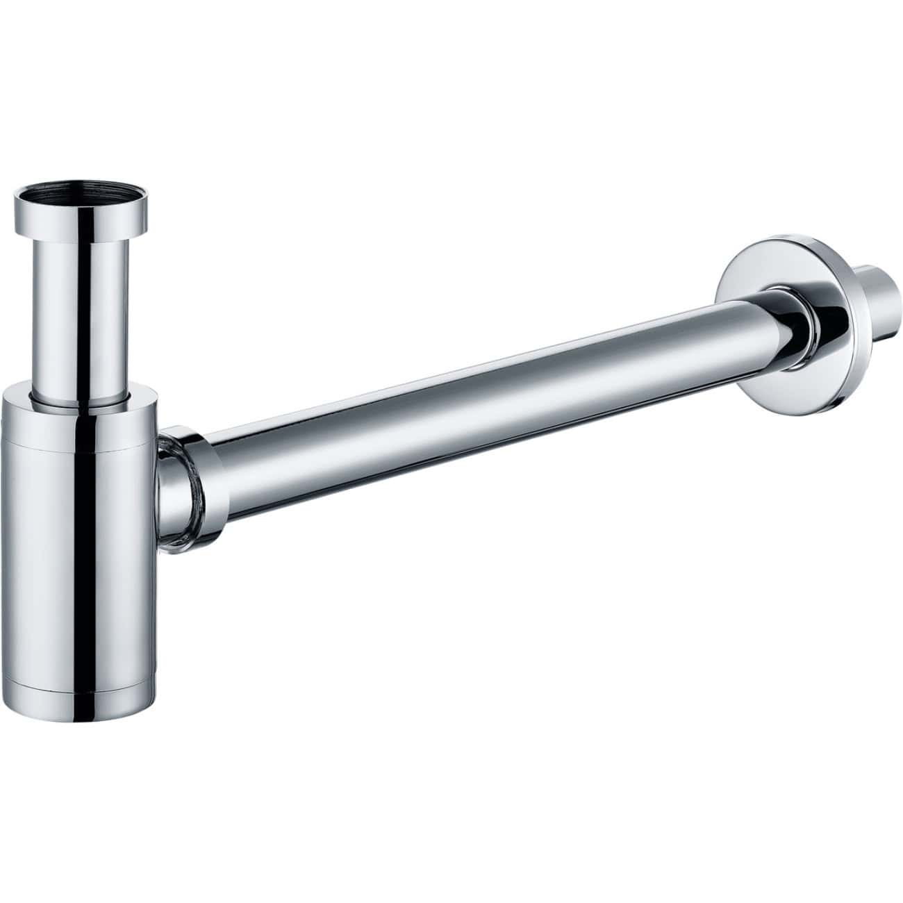 Polished chrome bathroom sink drain pipe, modern plumbing fixture, durable metal piping, easy installation for commercial and residential bathrooms, stylish and functional plumbing solution.