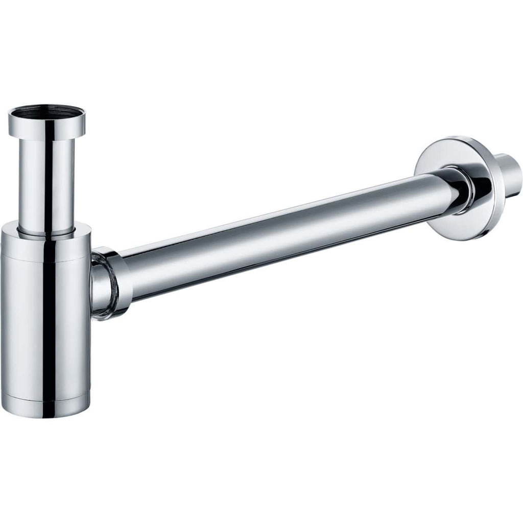 Shiny chrome bathroom sink P-trap pipe, plumbing component for drainage systems, on clean white background.
