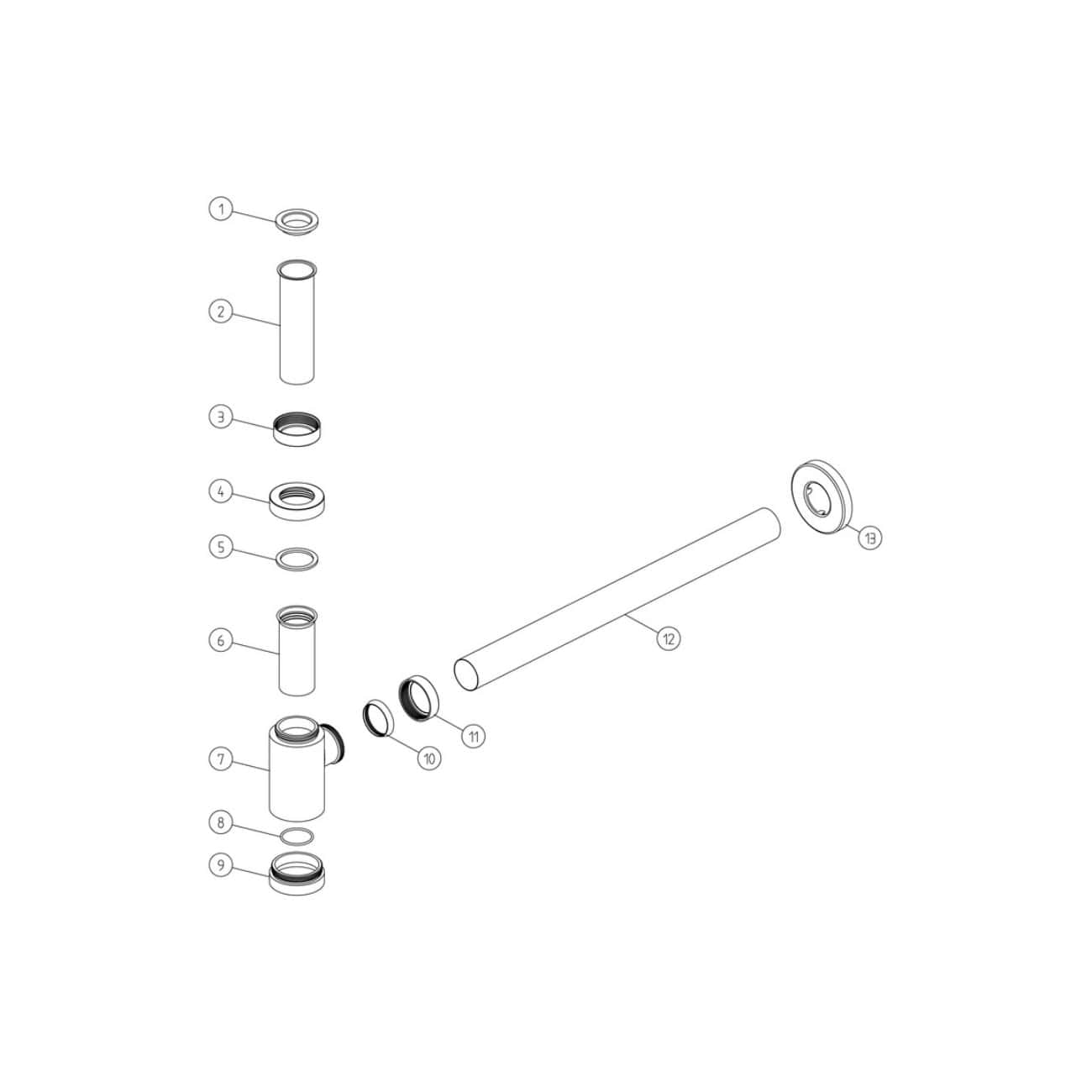 Collapsed plumbing pipe assembly diagram for Bubly Bathrooms, showcasing various pipes, seals, and fittings for bathroom plumbing repairs and installations.