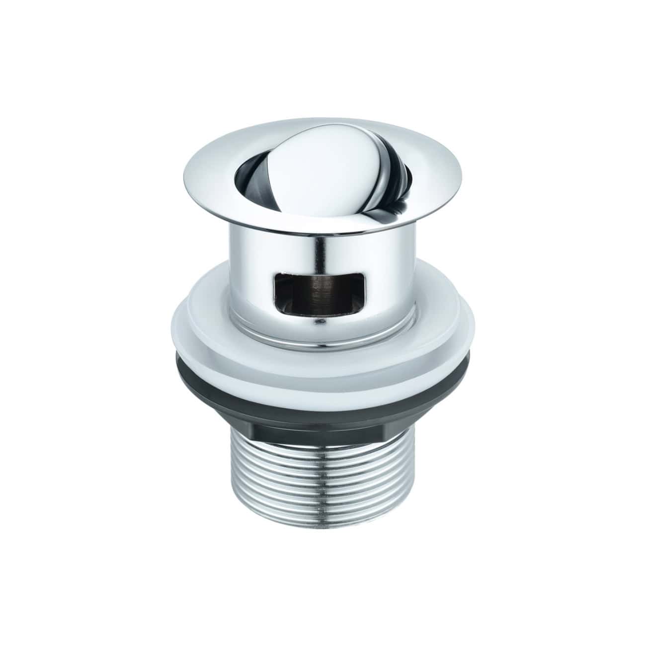 Polished chrome bathroom sink pop-up drain plug with overflow for modern Bubly bathrooms.