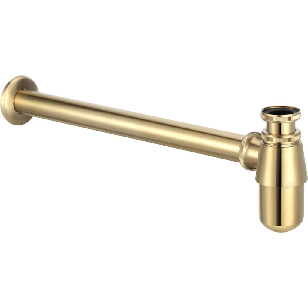 Polished brass bathroom bottle trap, modern plumbing fixture for sinks and basins, durable and stylish, designed for effective water drainage and leak prevention in contemporary bathroom decor.