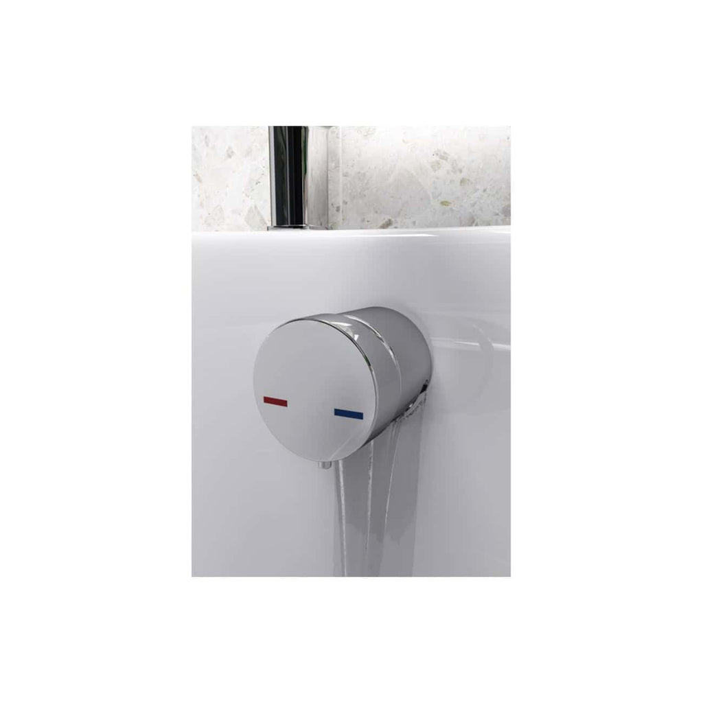 Sleek white thermostatic mixer shower control with chrome finish, featuring red and blue indicators for hot and cold water, installed in modern bathroom setting.