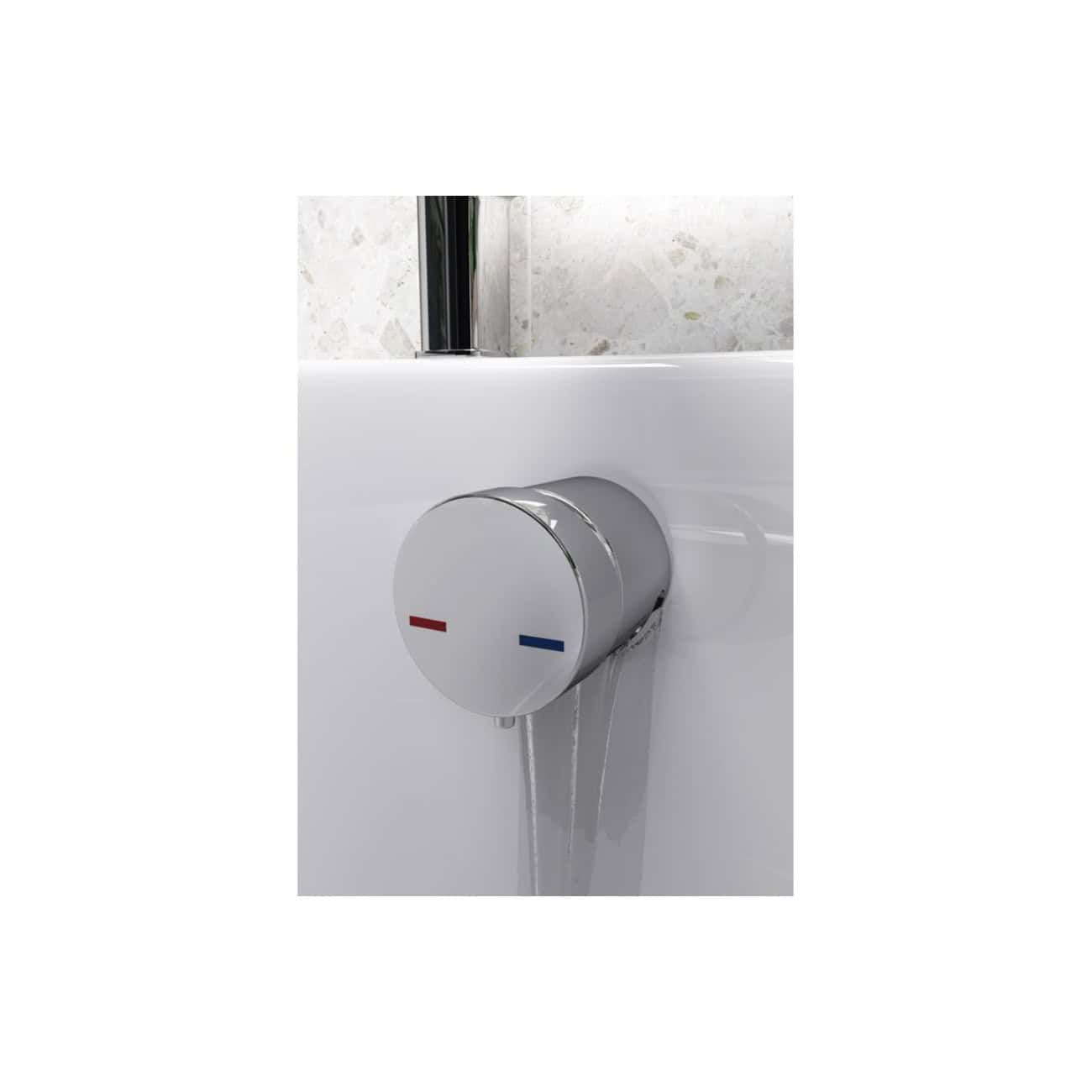 Sleek white thermostatic mixer shower control with chrome finish, featuring red and blue indicators for hot and cold water, installed in modern bathroom setting.