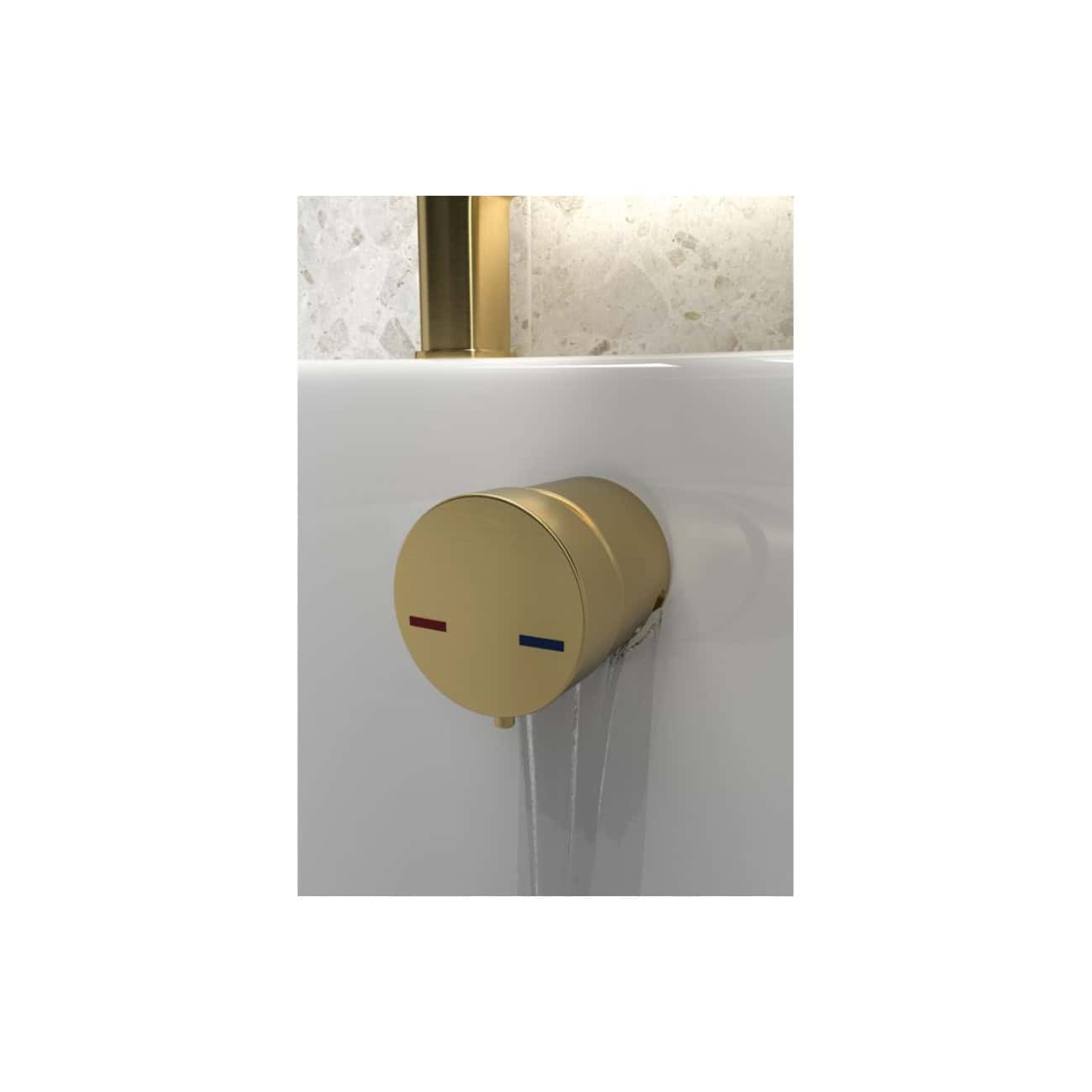 Shower thermostat control with gold finish and water flow, modern bathroom fixture for precise temperature regulation.