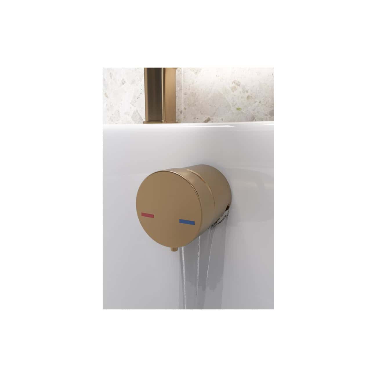 Flowing water from a thermostatic shower valve with a beige finish, installed on a white bathroom wall with a polished gold tap in the background, highlighting modern bathroom design.