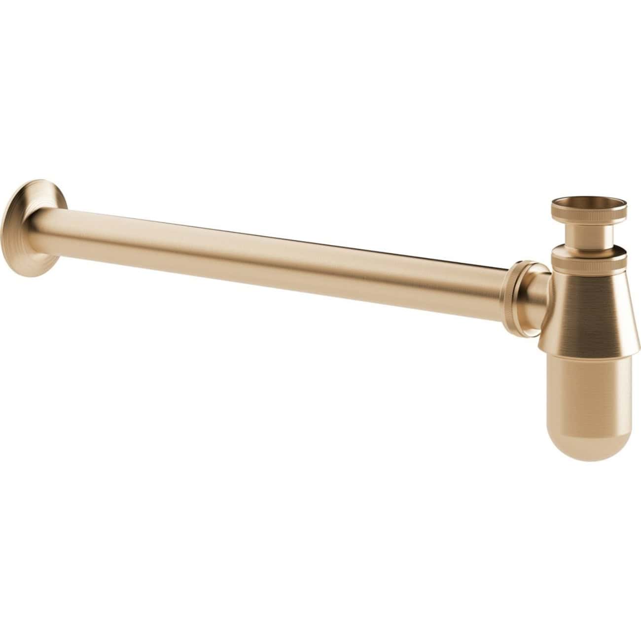Polished gold bathroom sink pipe with trap for plumbing installation. Elegant and durable bathroom pipe fitting for modern interiors.