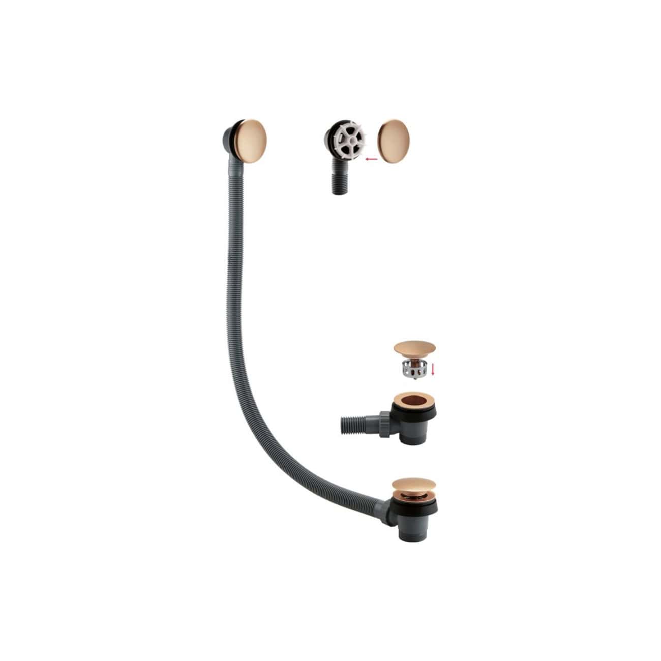 Flexible bathroom waste trap with beige sealing caps and fittings, ideal for bathroom sink installations, combining durability and easy maintenance.