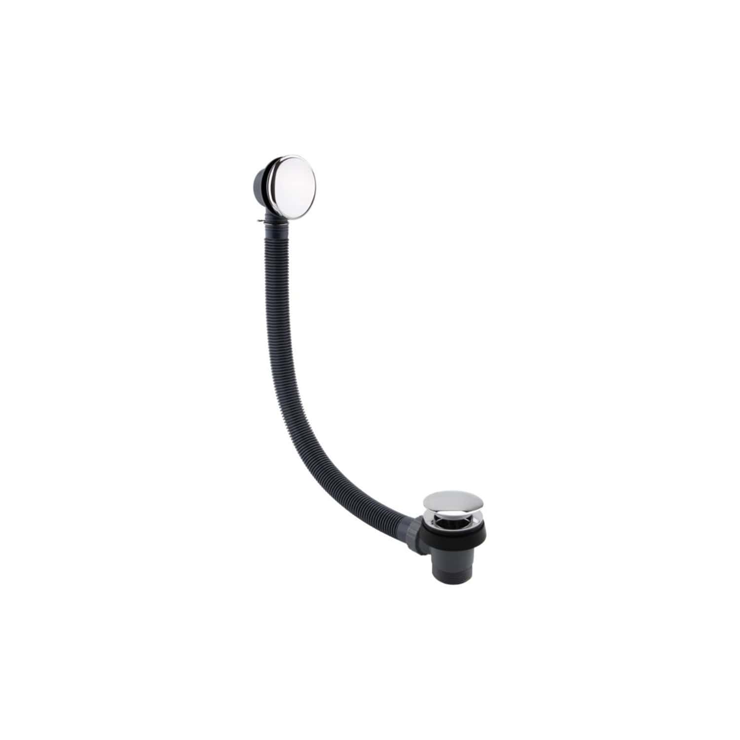 Flexible black bathroom sink drain pipe with chrome cover and rubber seal, suitable for modern bathroom plumbing installations.