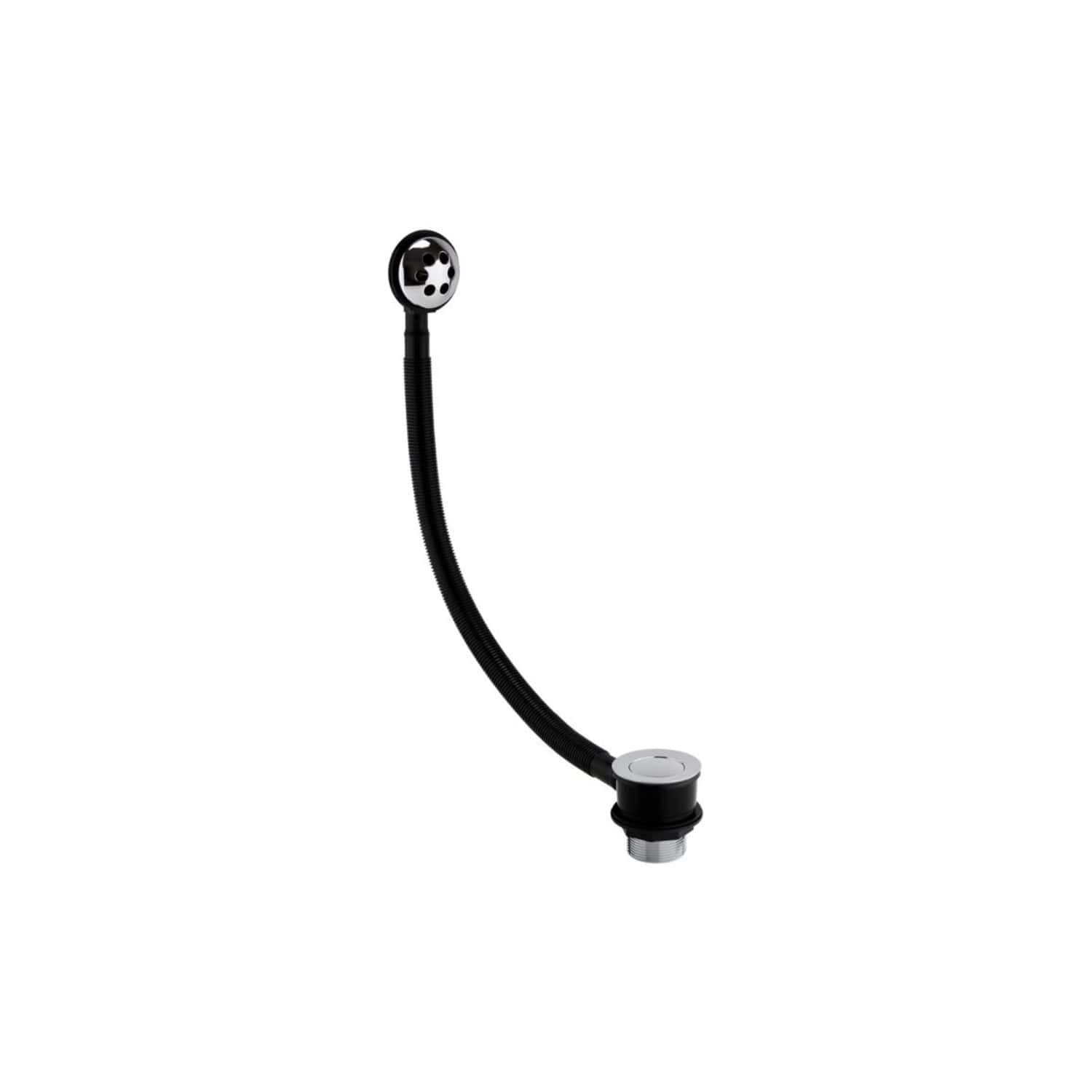 Flexible black shower drain hose with adjustable fitting for modern bathroom installations.
