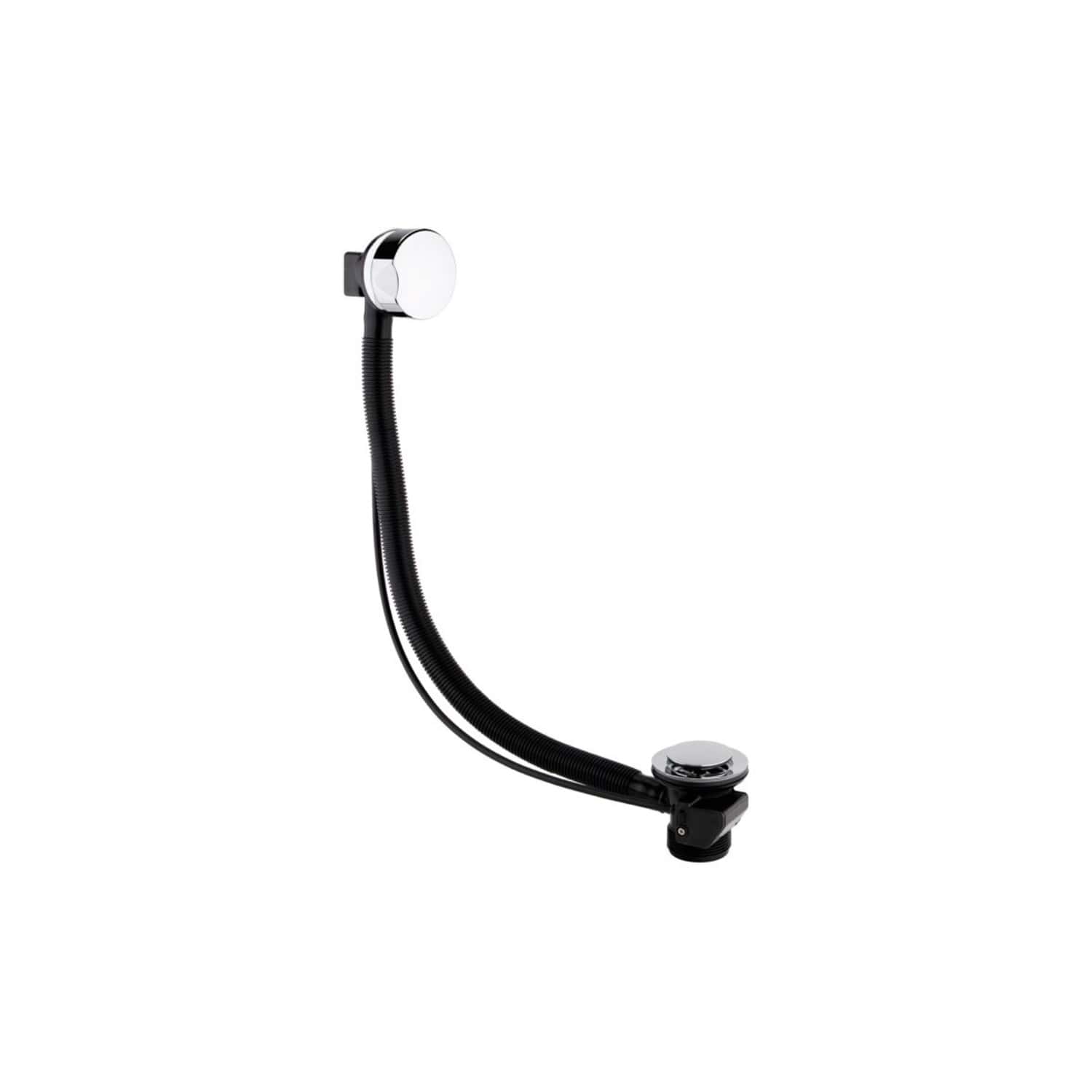 Flexible black bathroom sink drain pipe with chrome finish drain cover, suitable for modern bathroom plumbing installations. Designed for efficient water flow and durability.