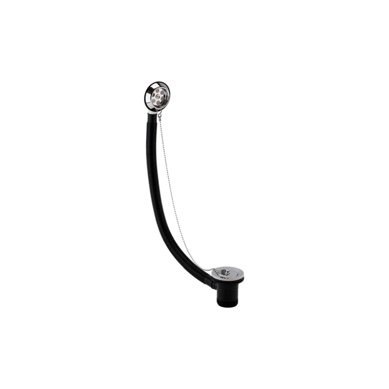 Flexible bathtub waste trap with chain and plug for bathroom drainage solutions.
