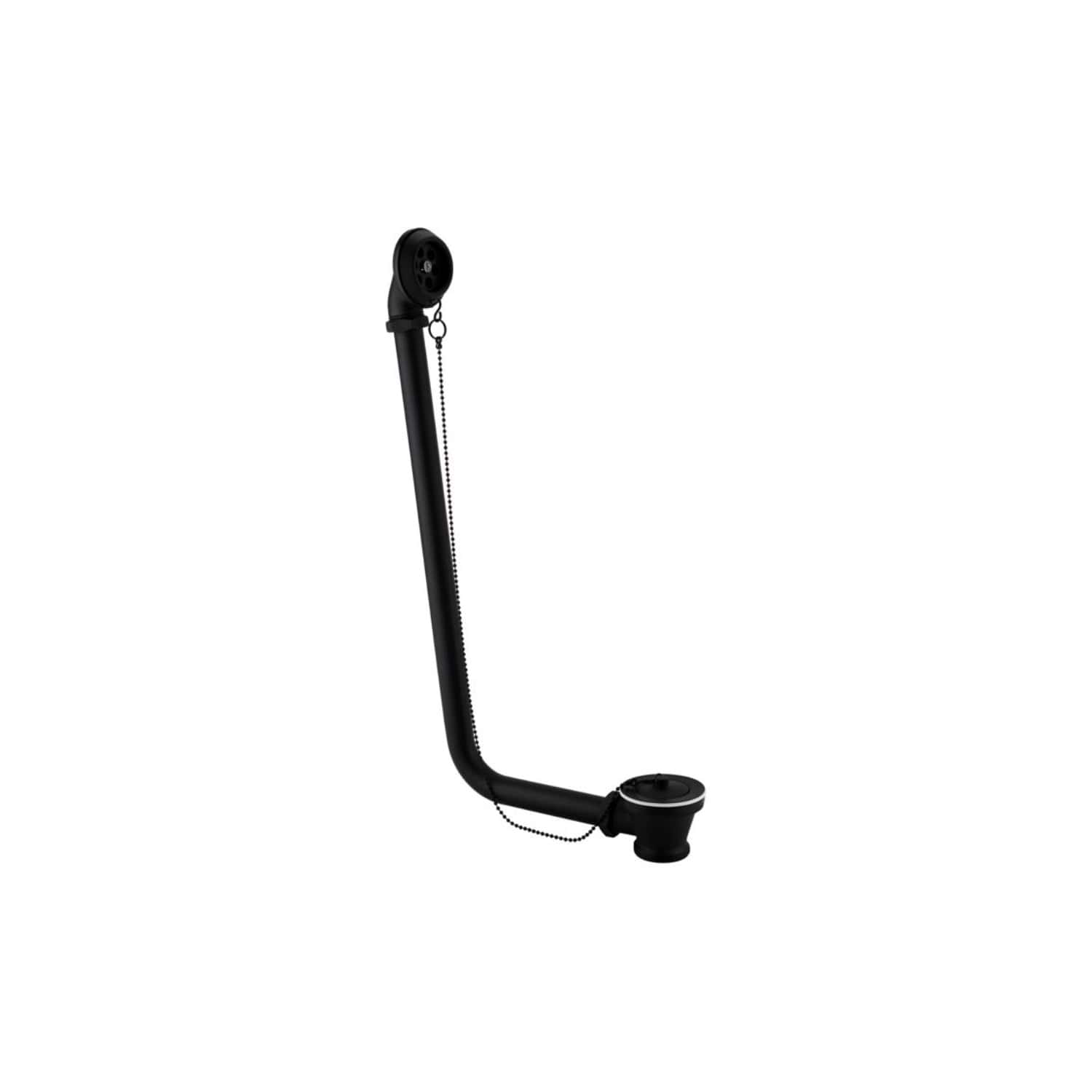 Flexible black toilet flush pipe with chain and sealing cap for bathroom plumbing installations.