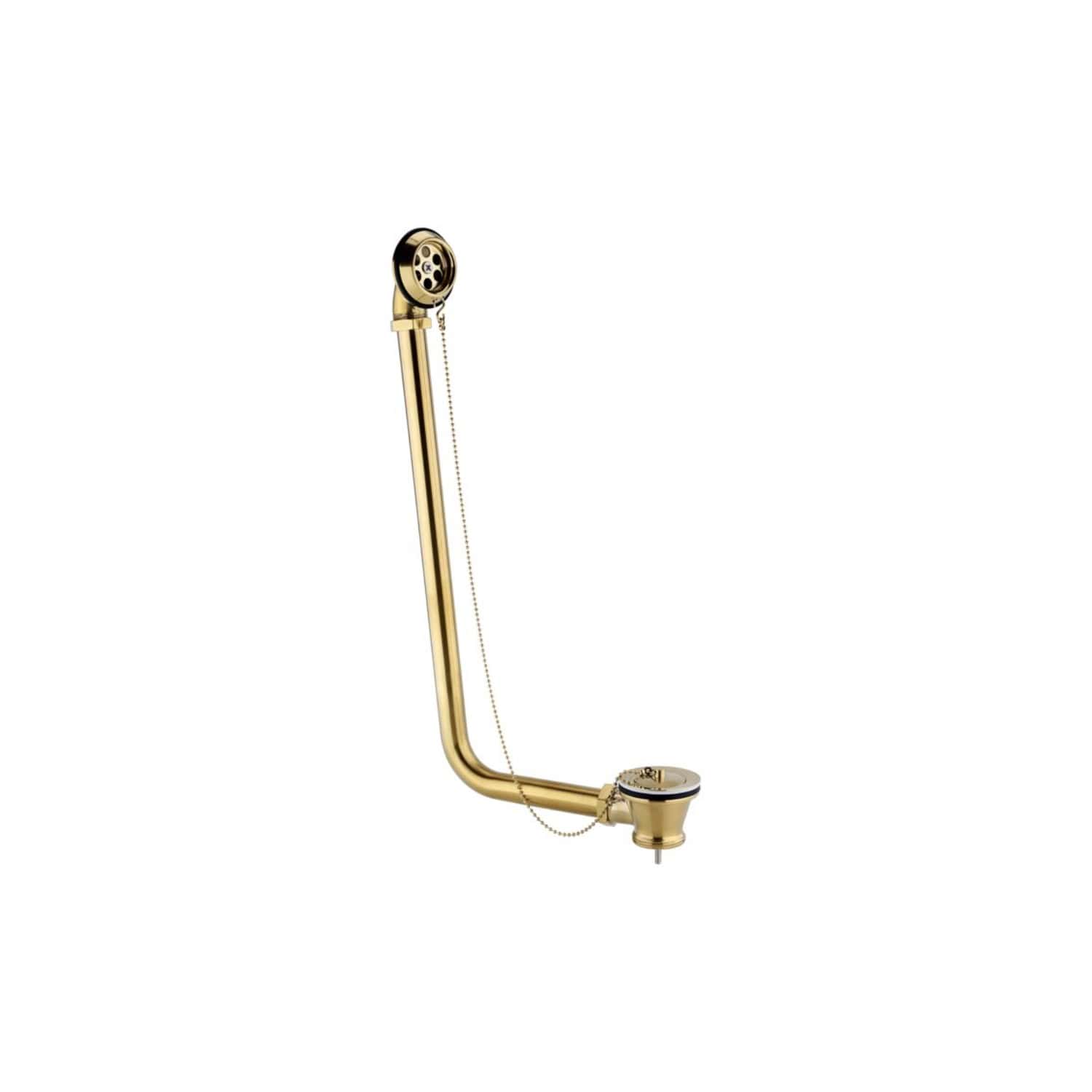 Polished gold bathroom sink drain and overflow pipe with chain, modern plumbing fixture.