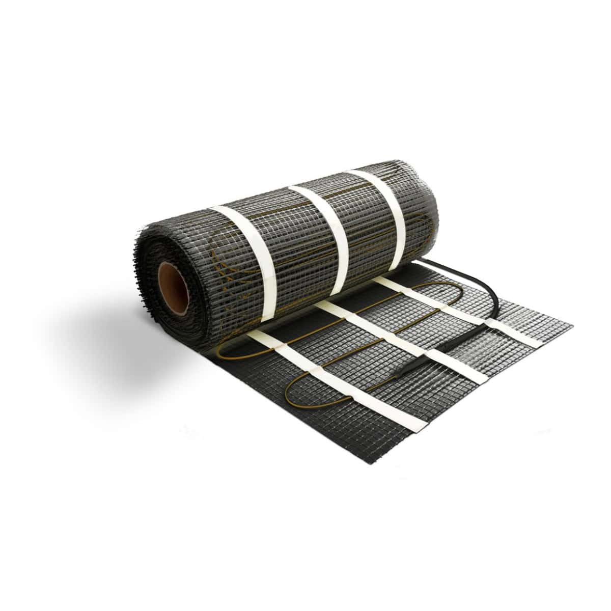 Flexible heated flooring mats with mesh heating elements for bathroom underfloor heating installation. Suitable for modern, energy-efficient bathroom renovations and flooring upgrades.