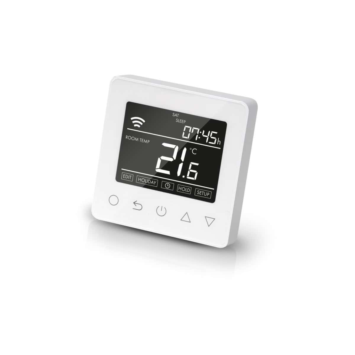 Digital thermostat for smart bathroom temperature control and energy efficiency.