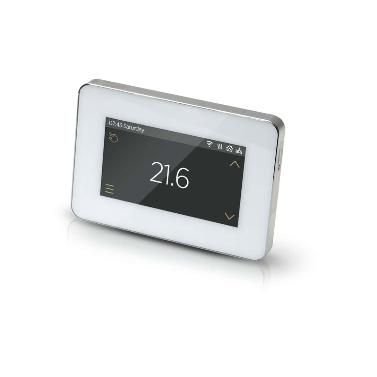 Digital shower control panel with temperature display and Wifi connectivity for modern bathrooms.