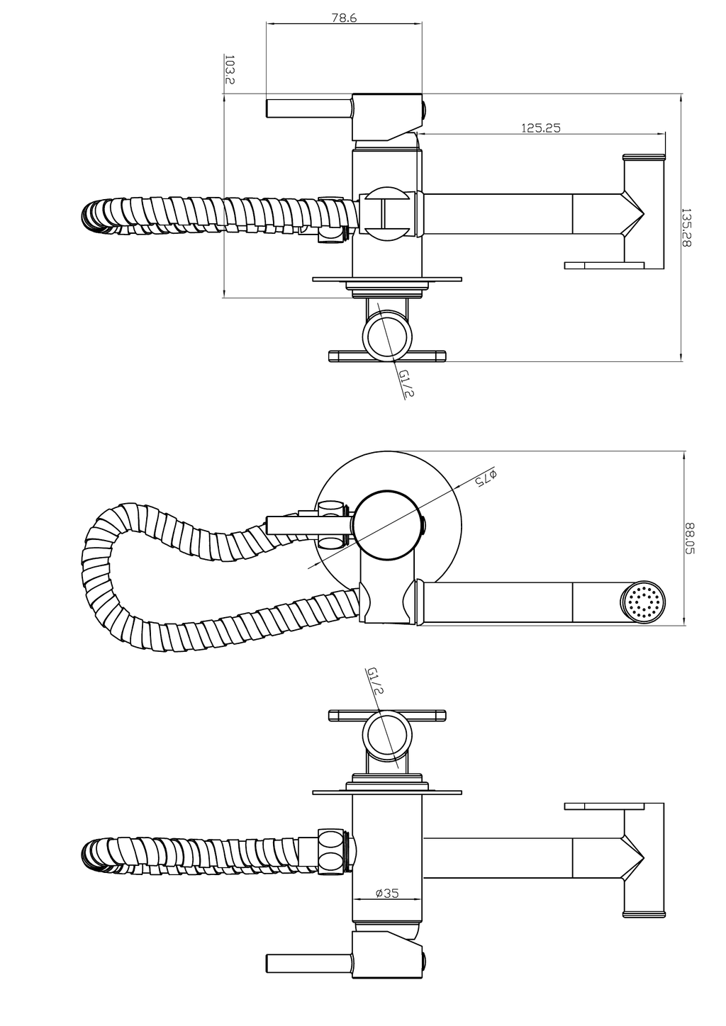 Scudo Handset With Flexi Hose And Outlet Elbow - technical drawing with dimensions
