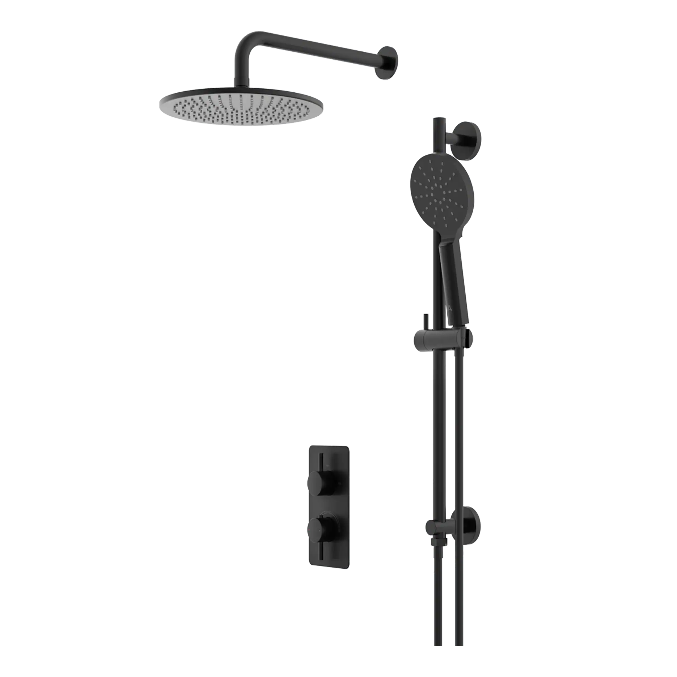 Replace the door with a wet room shower enclosure, featuring rainfall and handheld shower heads, modern black fixtures, and sleek design for contemporary bathroom style.