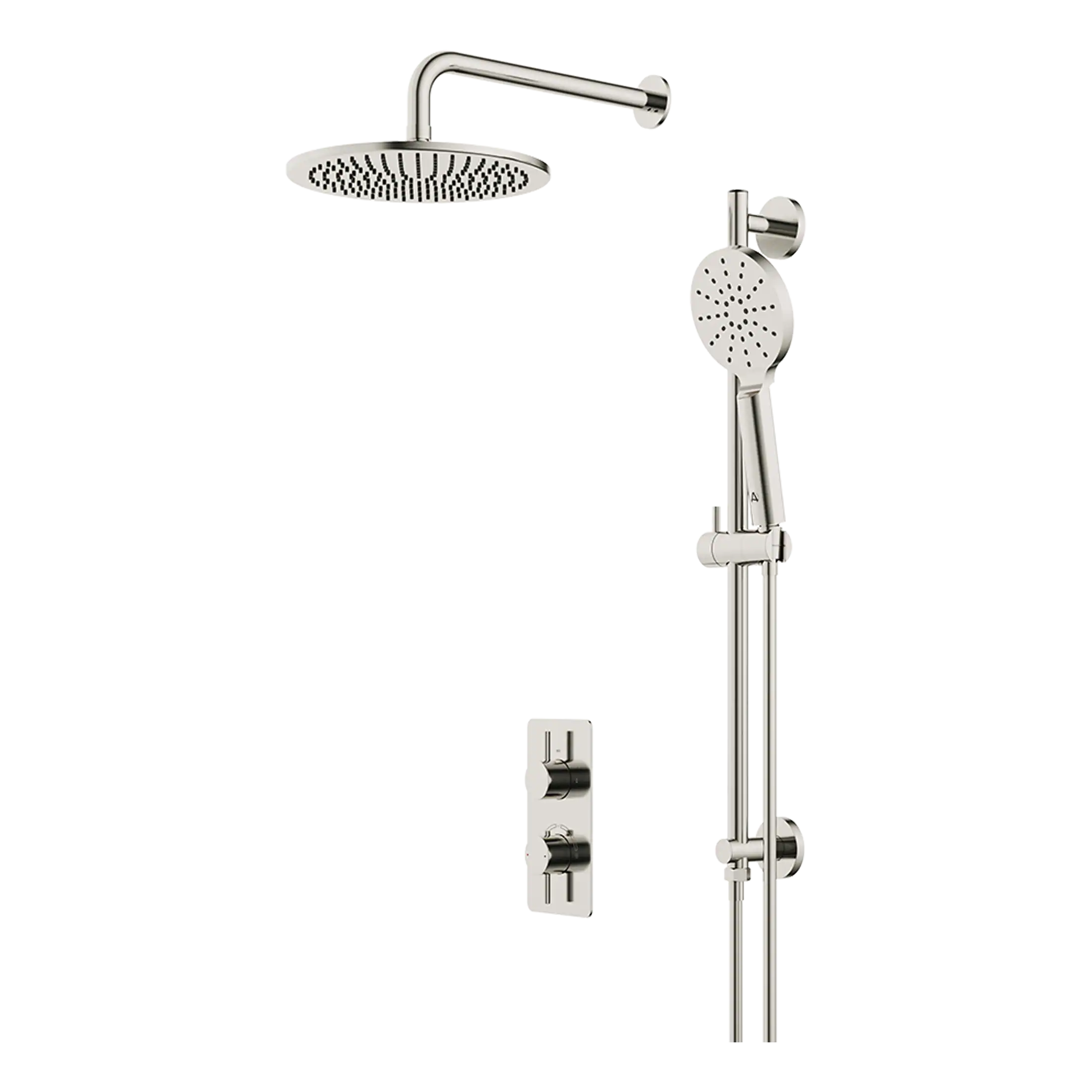 Elegant chrome shower panel system with overhead rain shower and adjustable handheld shower for modern bathroom bathroom design.