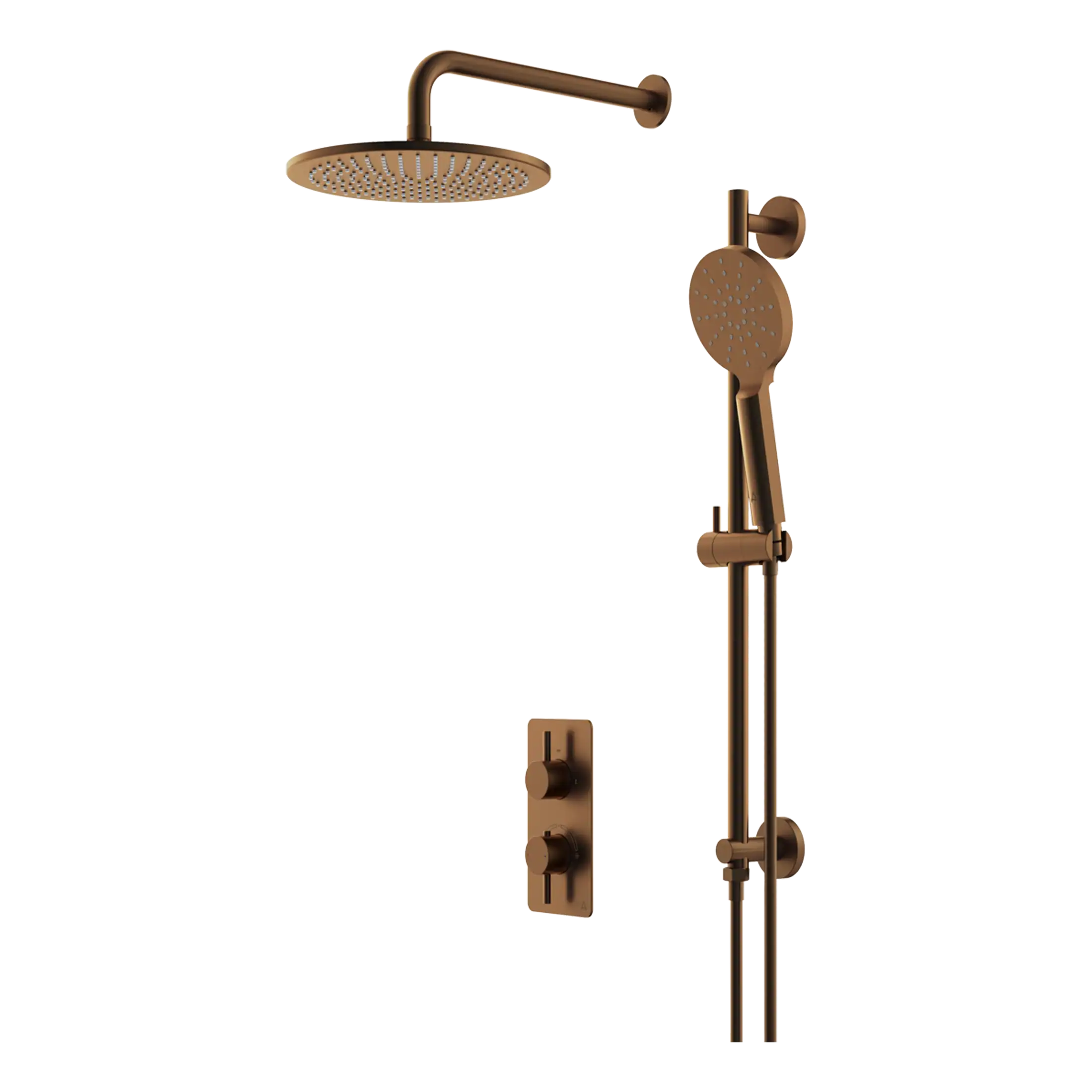 Shower system with rain shower head and handheld shower in matte bronze finish, ideal for modern bathrooms for a luxurious shower experience.
