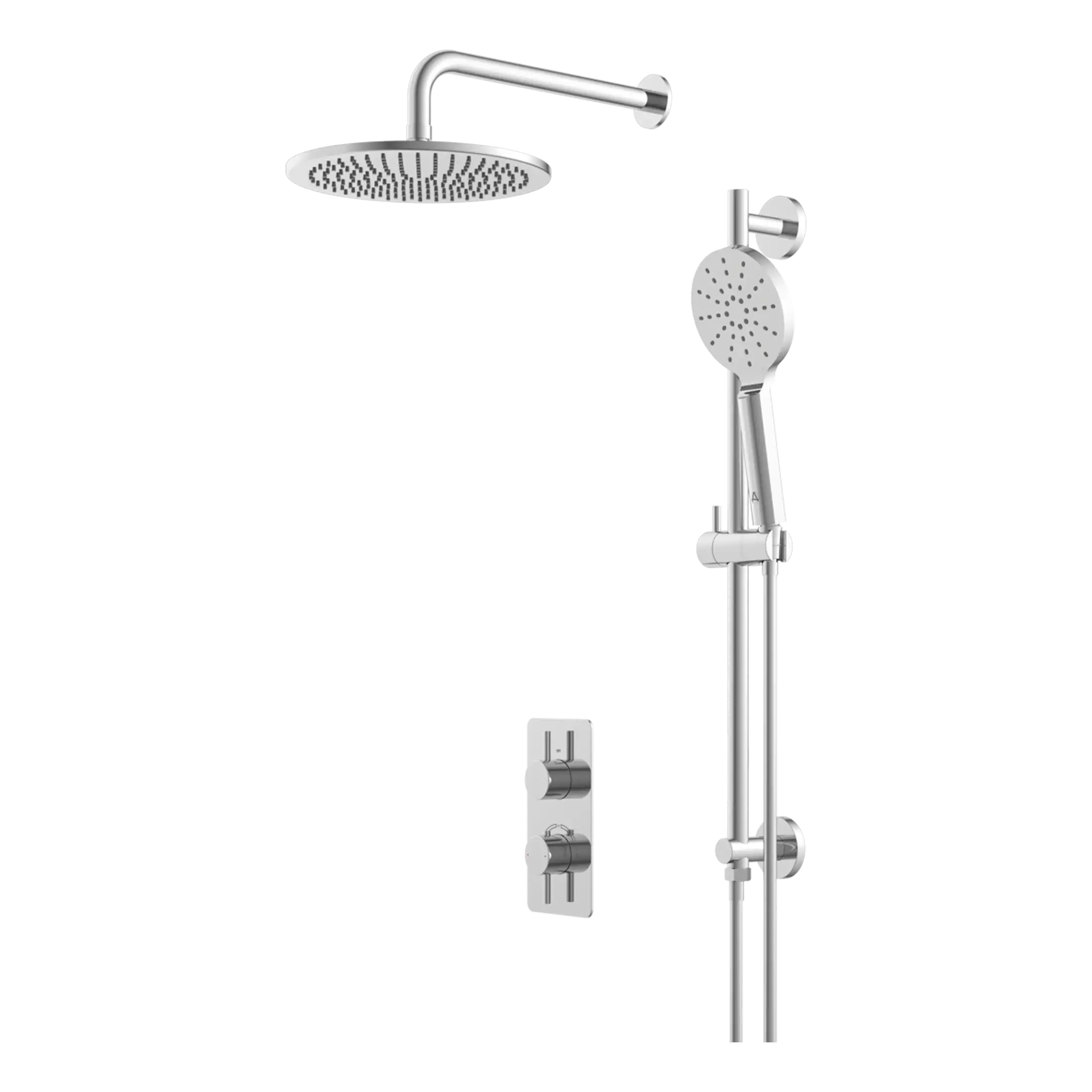 Shower system with overhead rain shower and handheld shower head, featuring modern chrome finish for luxurious bathroom wet room setup.