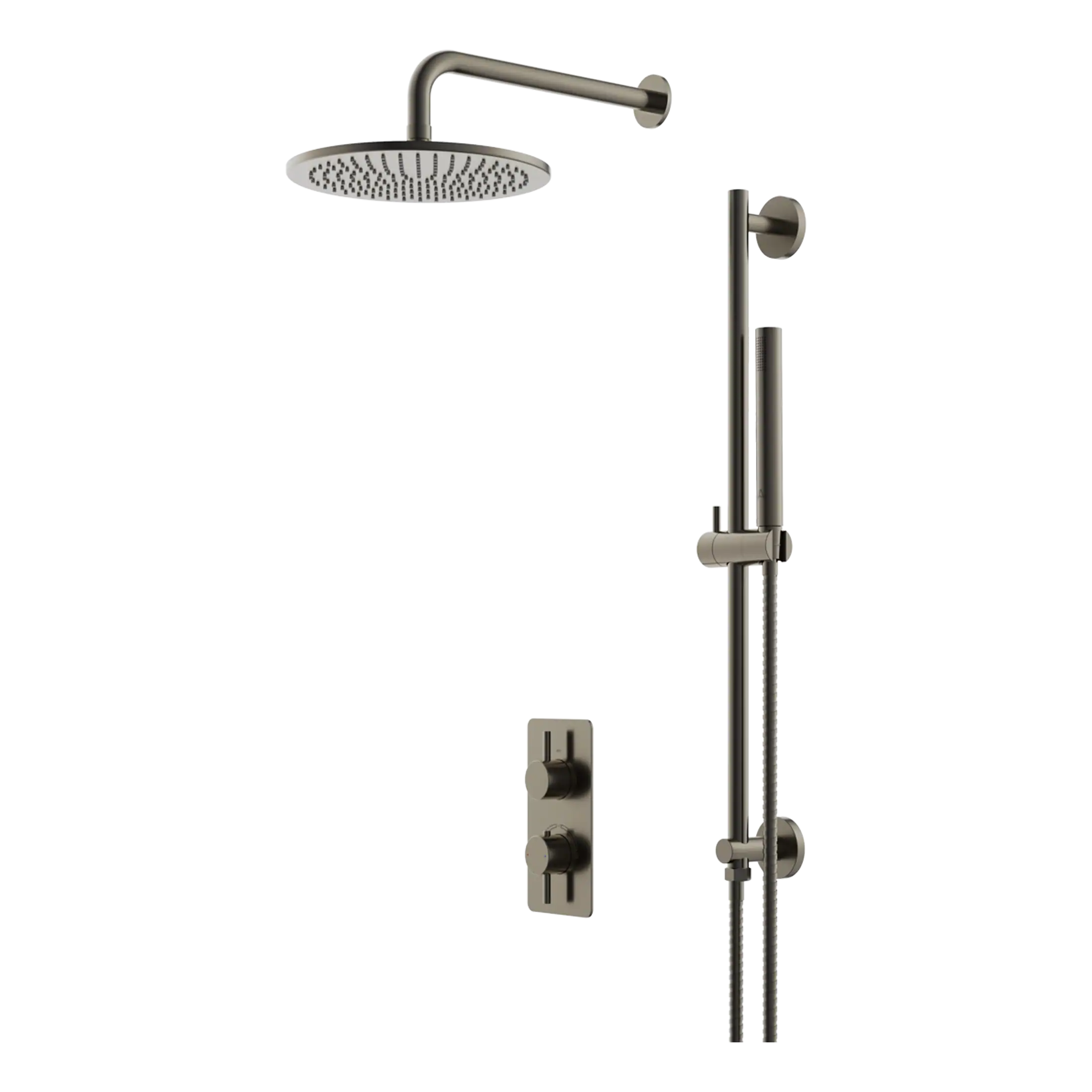 Sleek modern chrome shower system with overhead rain shower and handheld showerhead, ideal for contemporary bathroom designs. Designed for efficient water flow and easy installation.