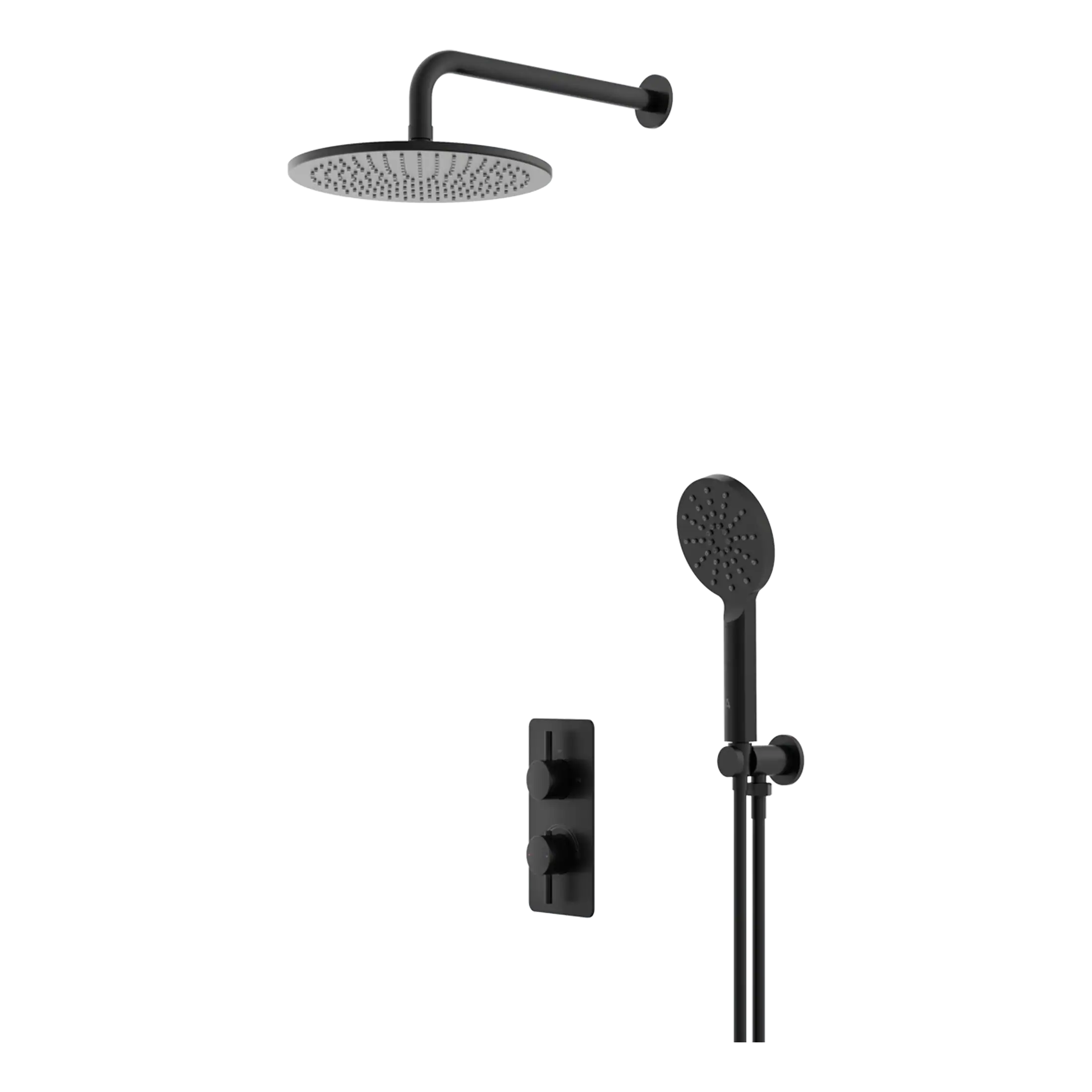 Black rain shower head and handheld shower set for modern bathroom design, adjustable wall mount, with sleek thermostatic control, perfect for luxury Bubly Bathrooms.