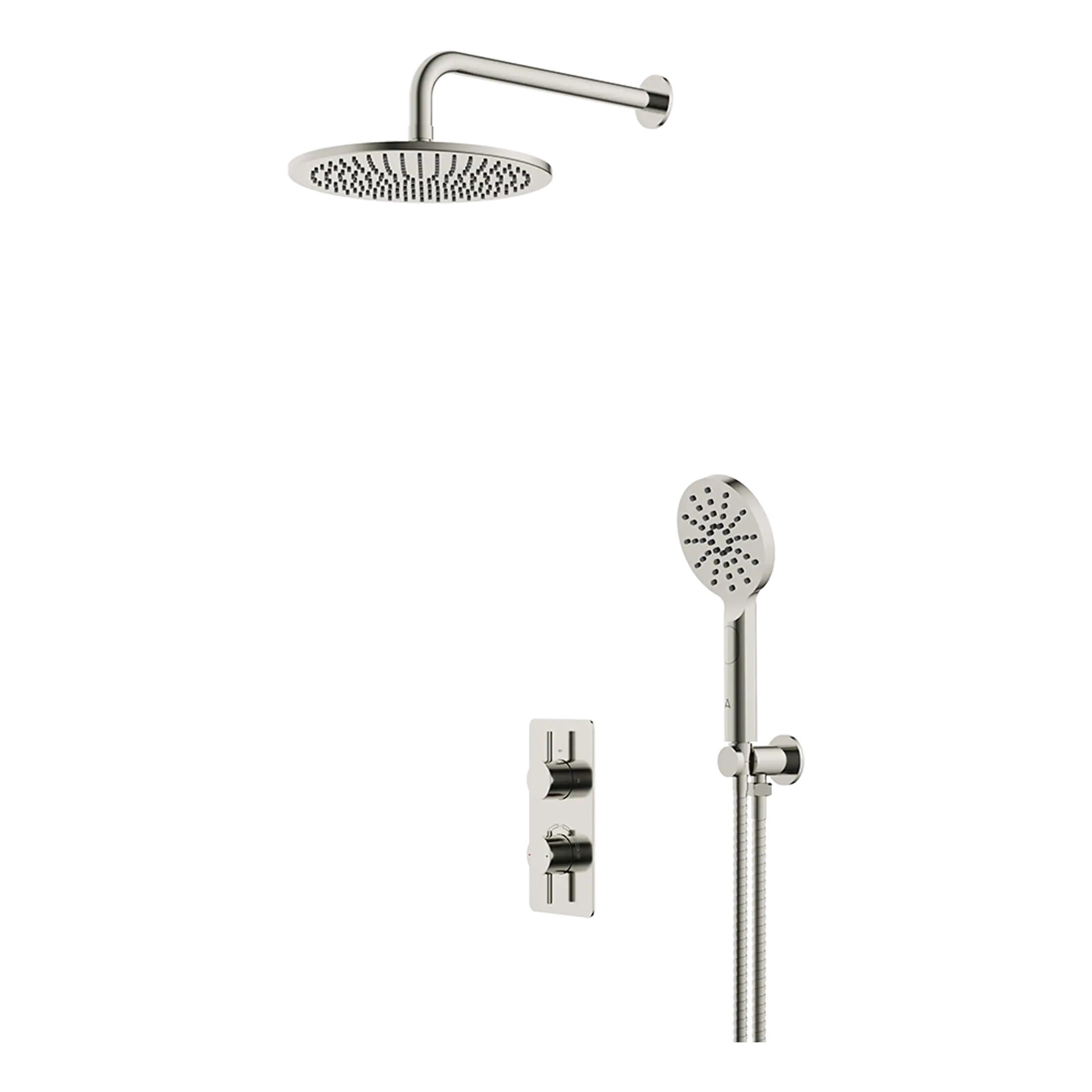 Sleek modern shower head and accessories from Bubly Bathrooms, featuring a stainless steel finish, wall-mounted controls, and adjustable hand shower for a luxury bathroom upgrade.