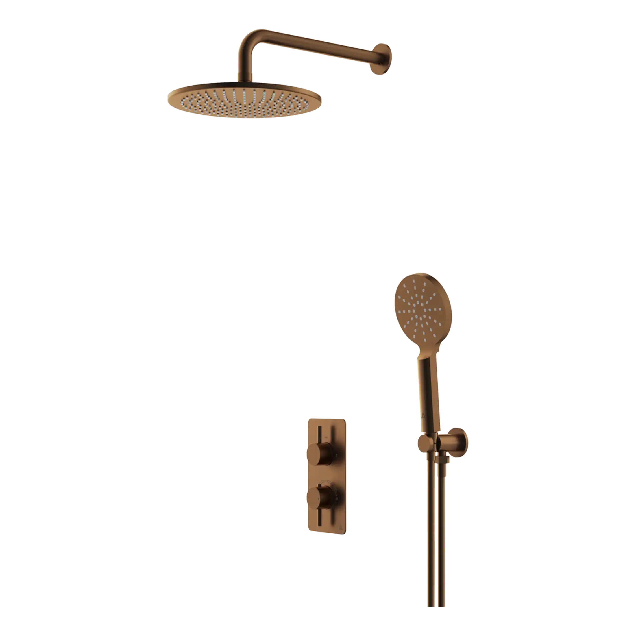 Brushed gold shower system with overhead and handheld shower heads for modern bathrooms. Adjustable water control with wall-mounted mixer valve, perfect for luxury showering experiences.