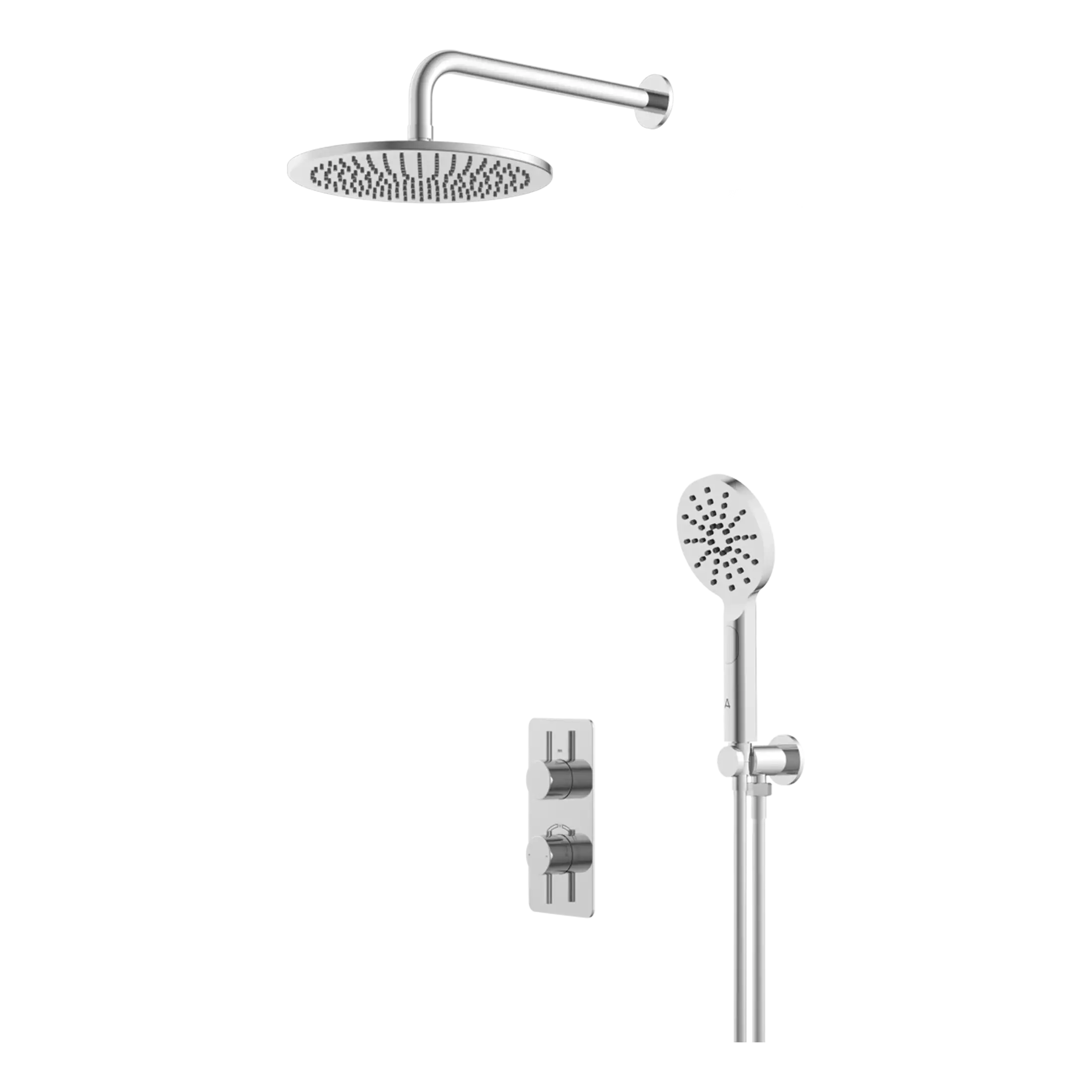 Shower head and handheld shower panel for Bubly Bathrooms, featuring modern chrome fixtures, adjustable settings, and sleek design for a contemporary bathroom. Suitable for luxury bathroom upgrades.