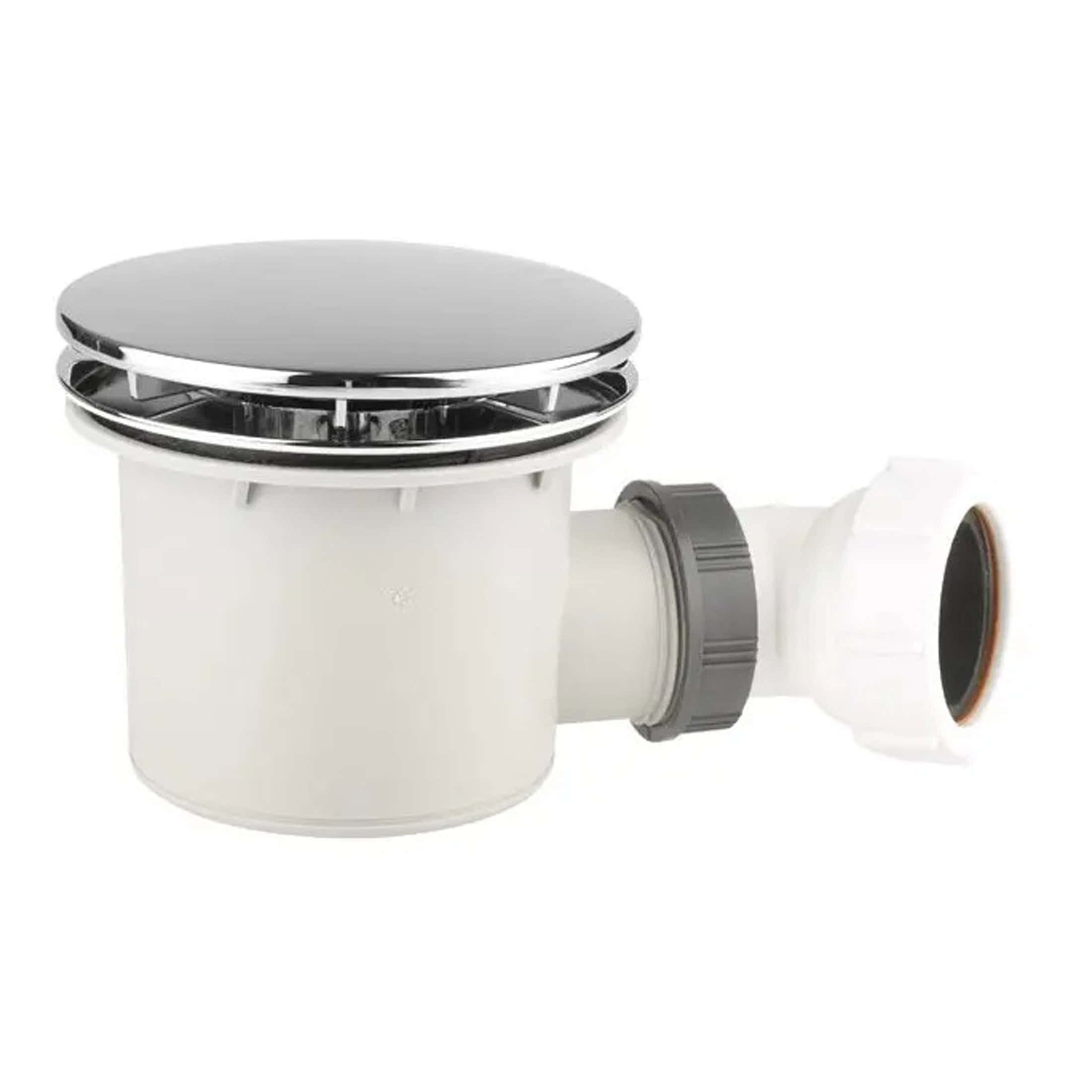 Shower drain with chrome cover and PVC pipe fitting, ideal for bathroom drainage solutions. Designed for efficient water flow and hygiene in modern bathroom installations.