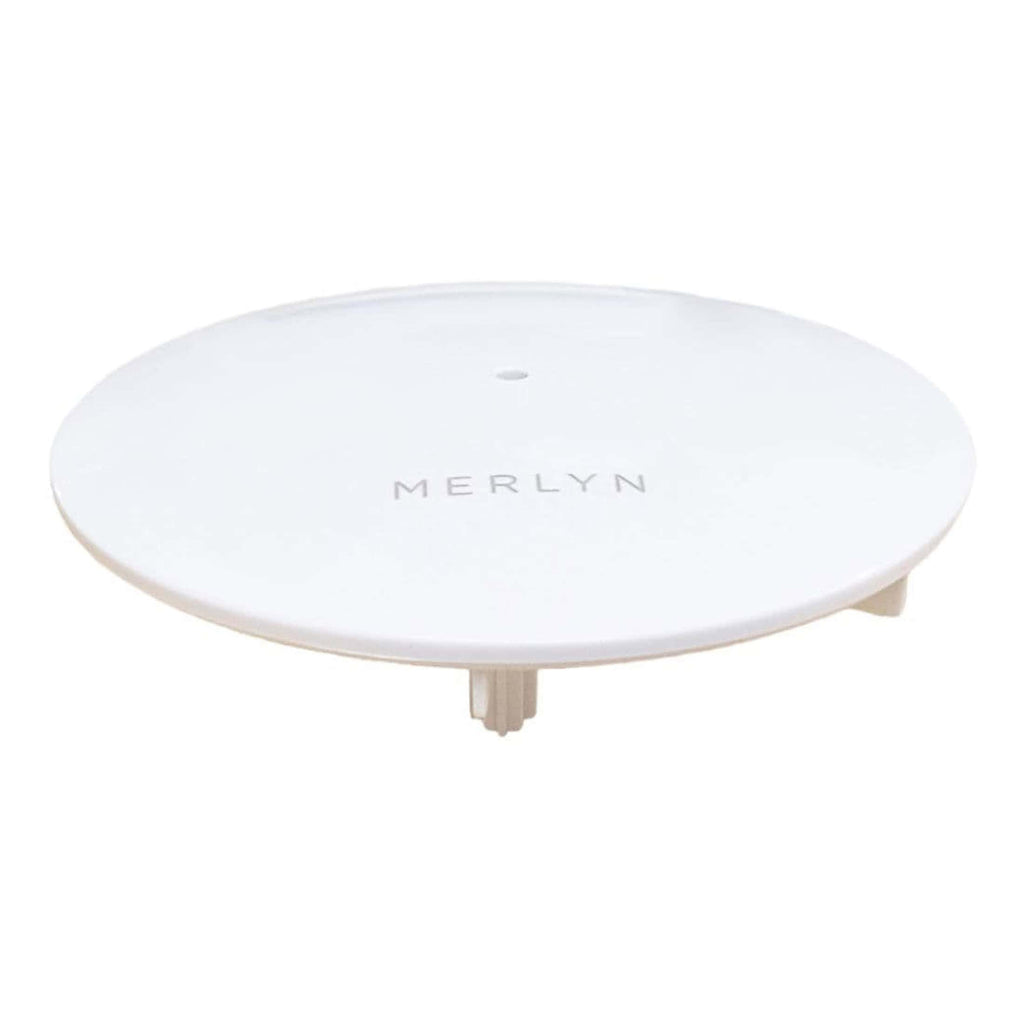 Round bathroom air freshener dispenser with Merlyn branding, designed for modern and hygienic air quality control in bathrooms. Easy to refill and discreetly blends into bathroom decor.