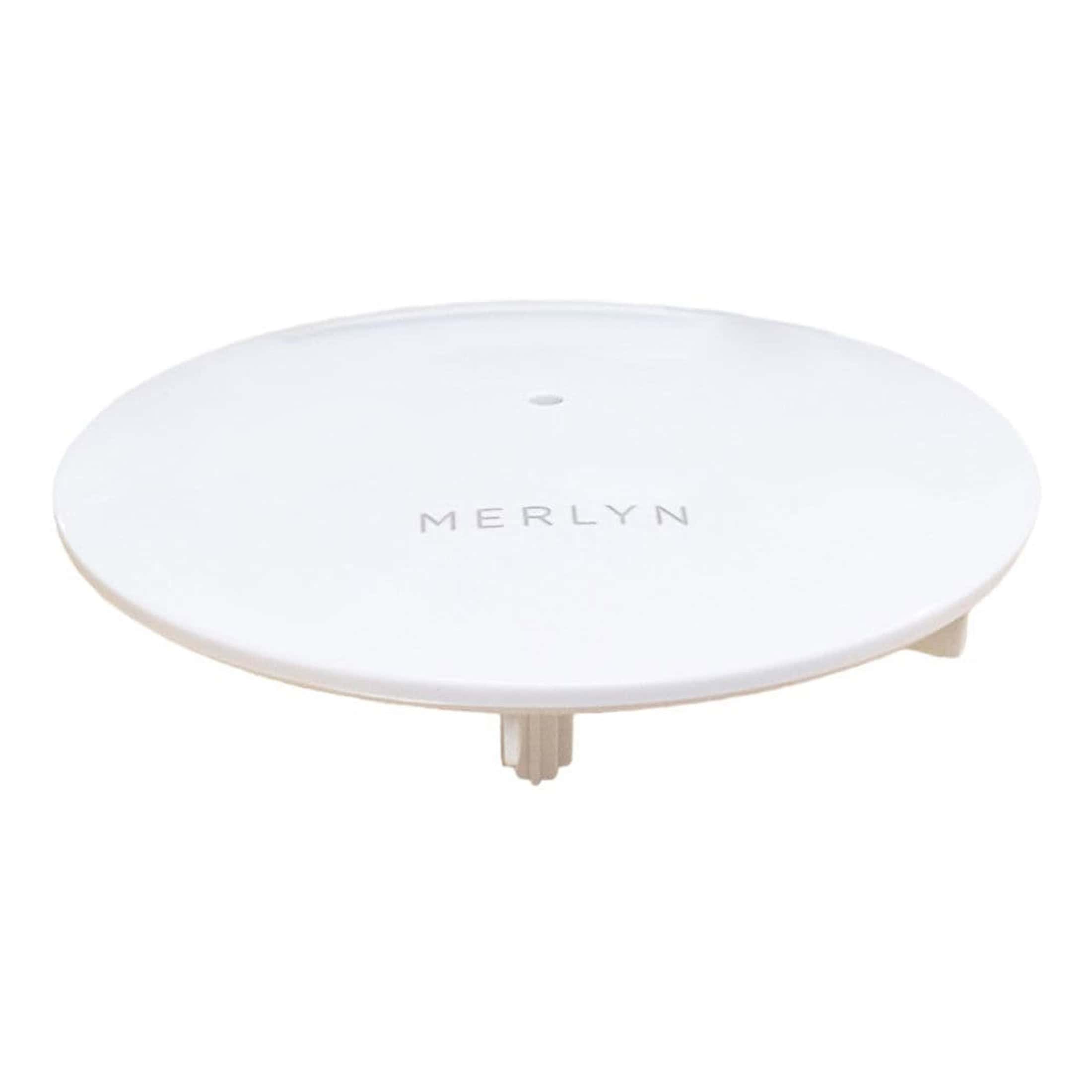 Round bathroom air freshener dispenser with Merlyn branding, designed for modern and hygienic air quality control in bathrooms. Easy to refill and discreetly blends into bathroom decor.