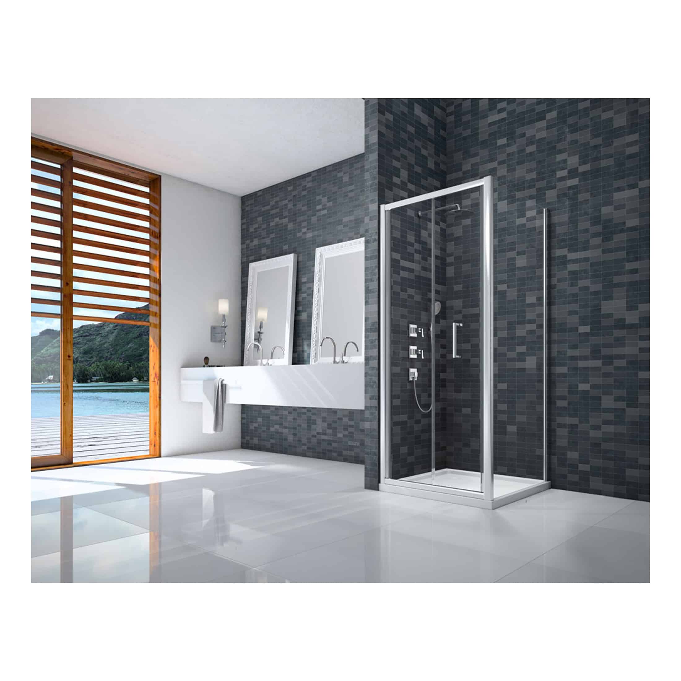 Modern shower enclosure with black mosaic tiles, double sink vanity, and large window offering scenic outdoor views in a contemporary bathroom design.