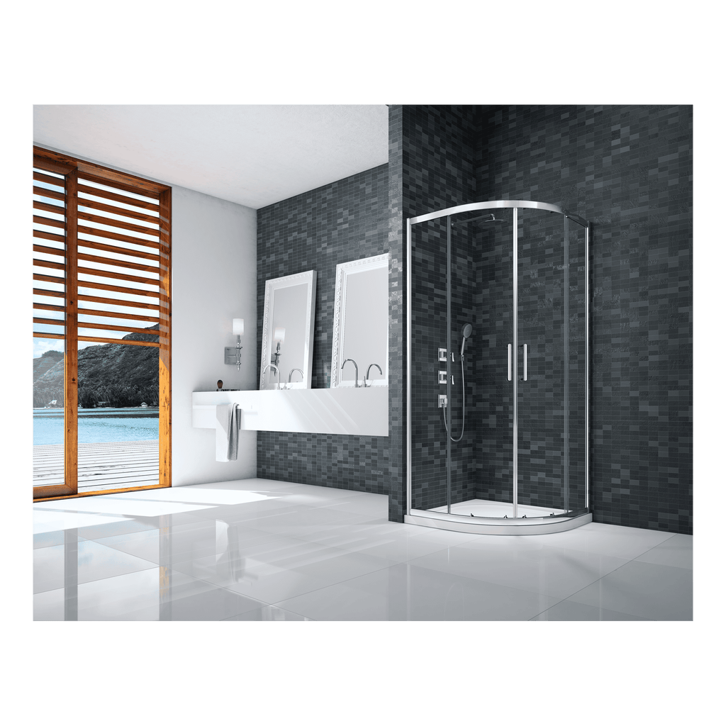 Modern bathroom with walk-in shower, dual sinks, and large ocean view window, featuring sleek black tiled walls and contemporary fixtures for a stylish and relaxing space.