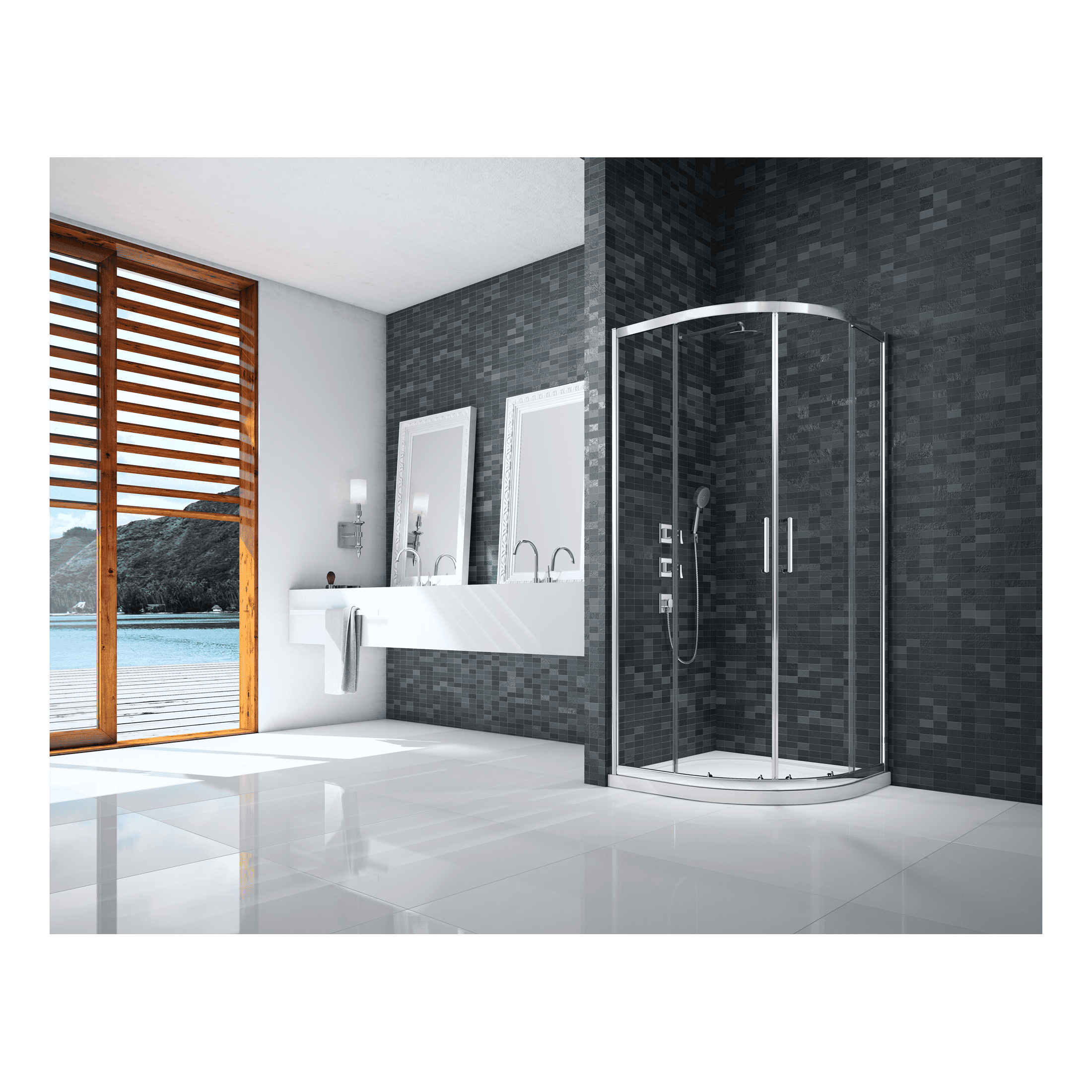 Modern bathroom with walk-in shower, dual sinks, and large ocean view window, featuring sleek black tiled walls and contemporary fixtures for a stylish and relaxing space.