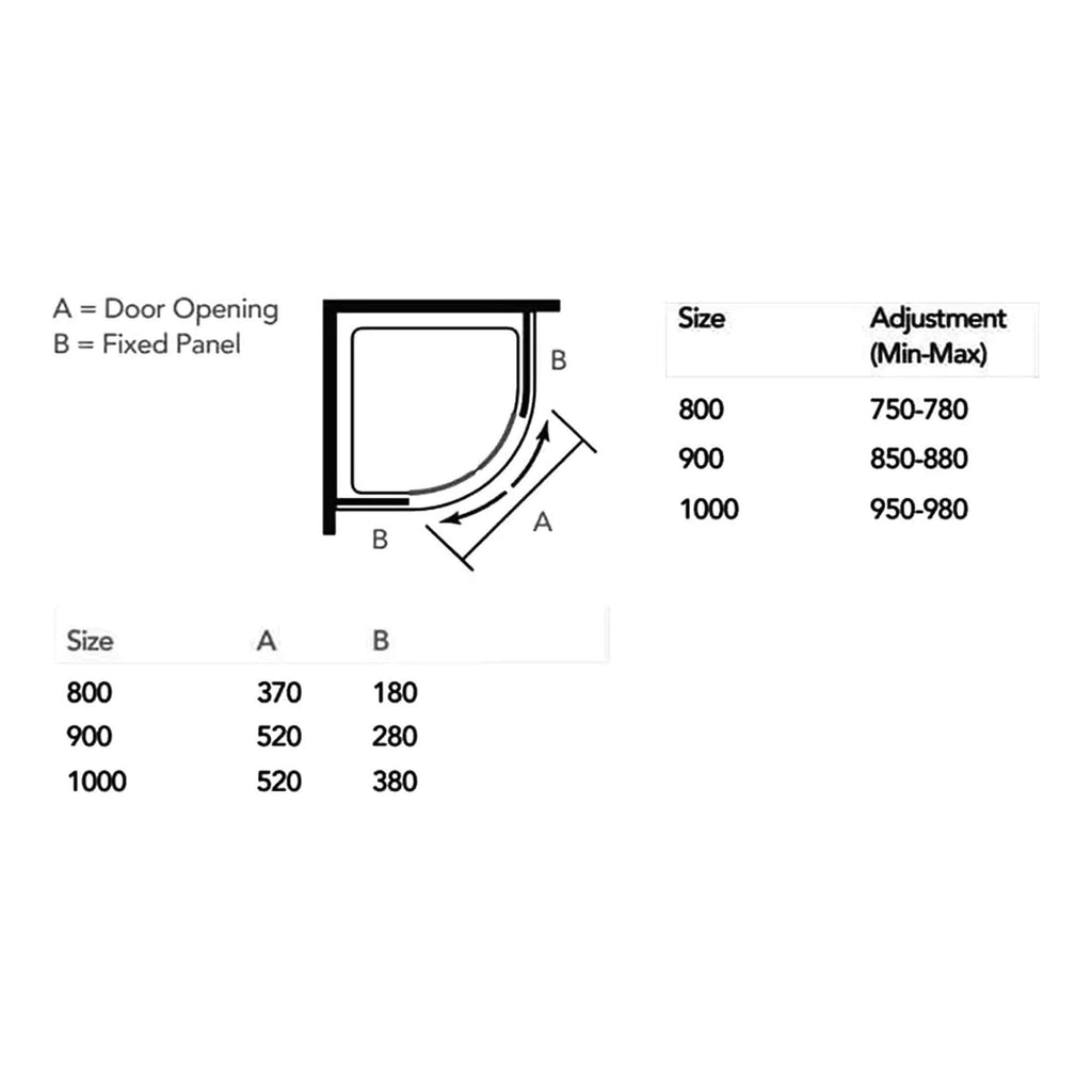 A diagram illustrating adjustable shower enclosures with dimensions for different sizes, featuring door openings and fixed panels for custom bathroom fitment.