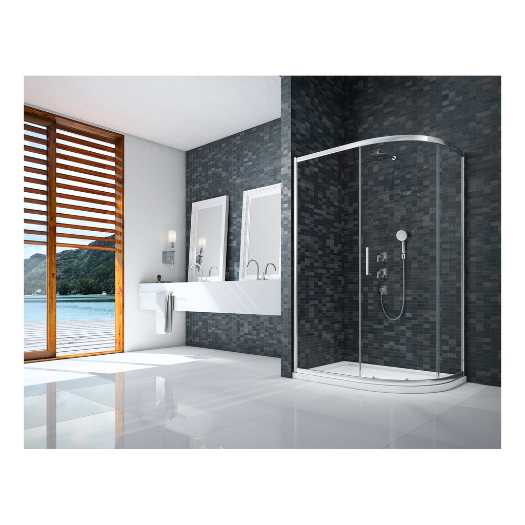Shower enclosure with black mosaic tiles in a modern bathroom featuring double sinks and large windows with a scenic view.