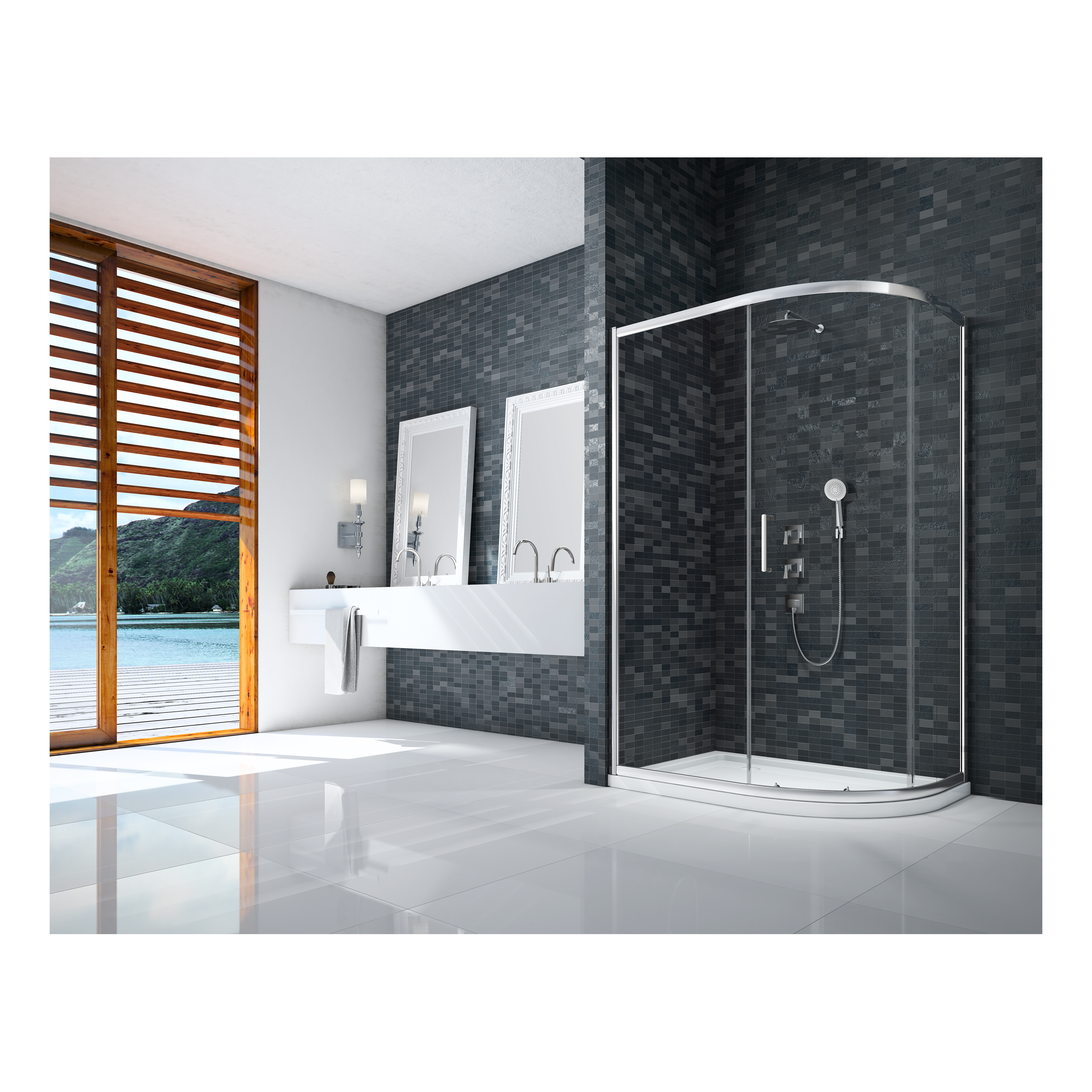 Shower enclosure with black mosaic tiles in a modern bathroom featuring double sinks and large windows with a scenic view.