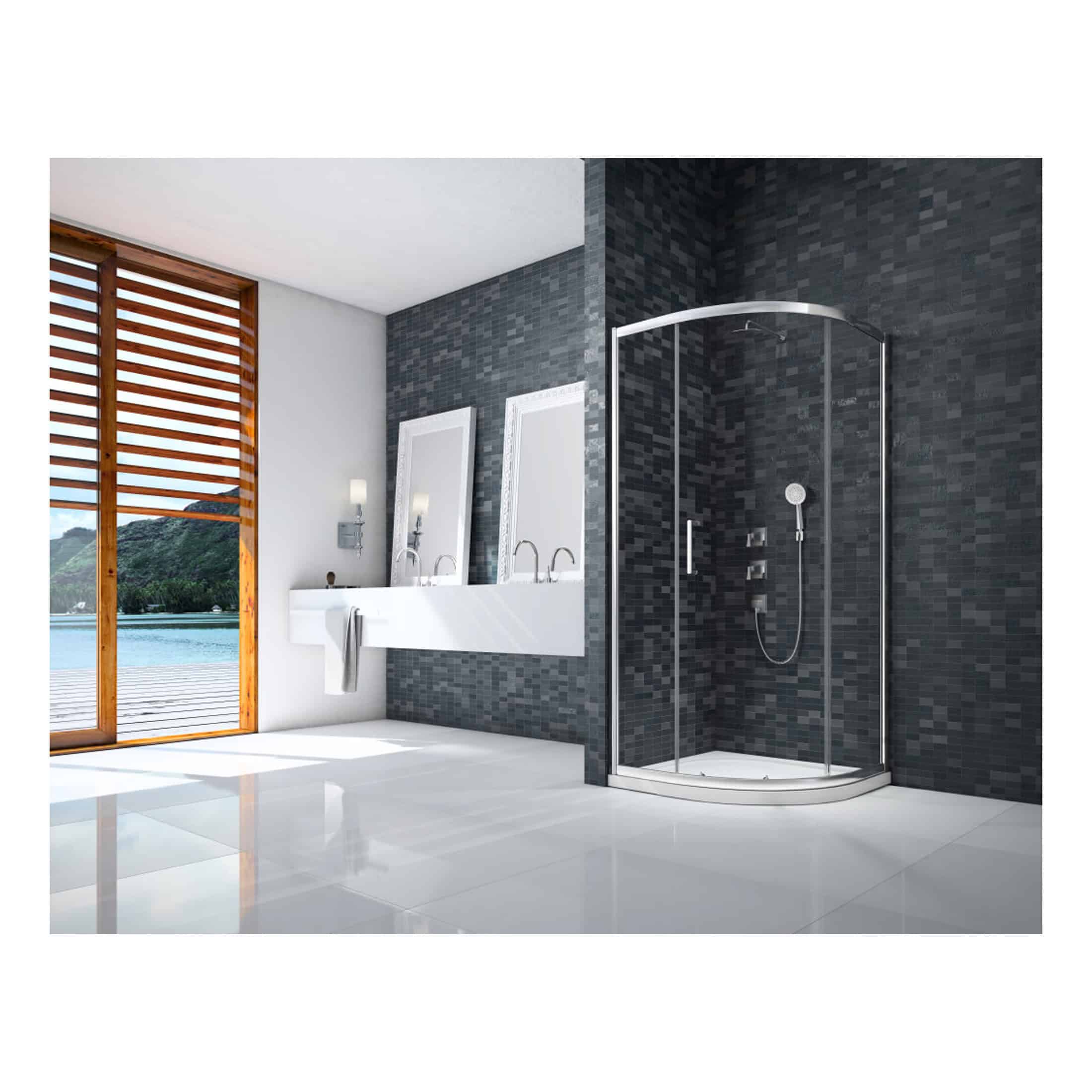 Contemporary bathroom featuring a sleek walk-in shower with black mosaic tiles, a white double vanity with modern fixtures, and view of nature through a large wooden louvered window.