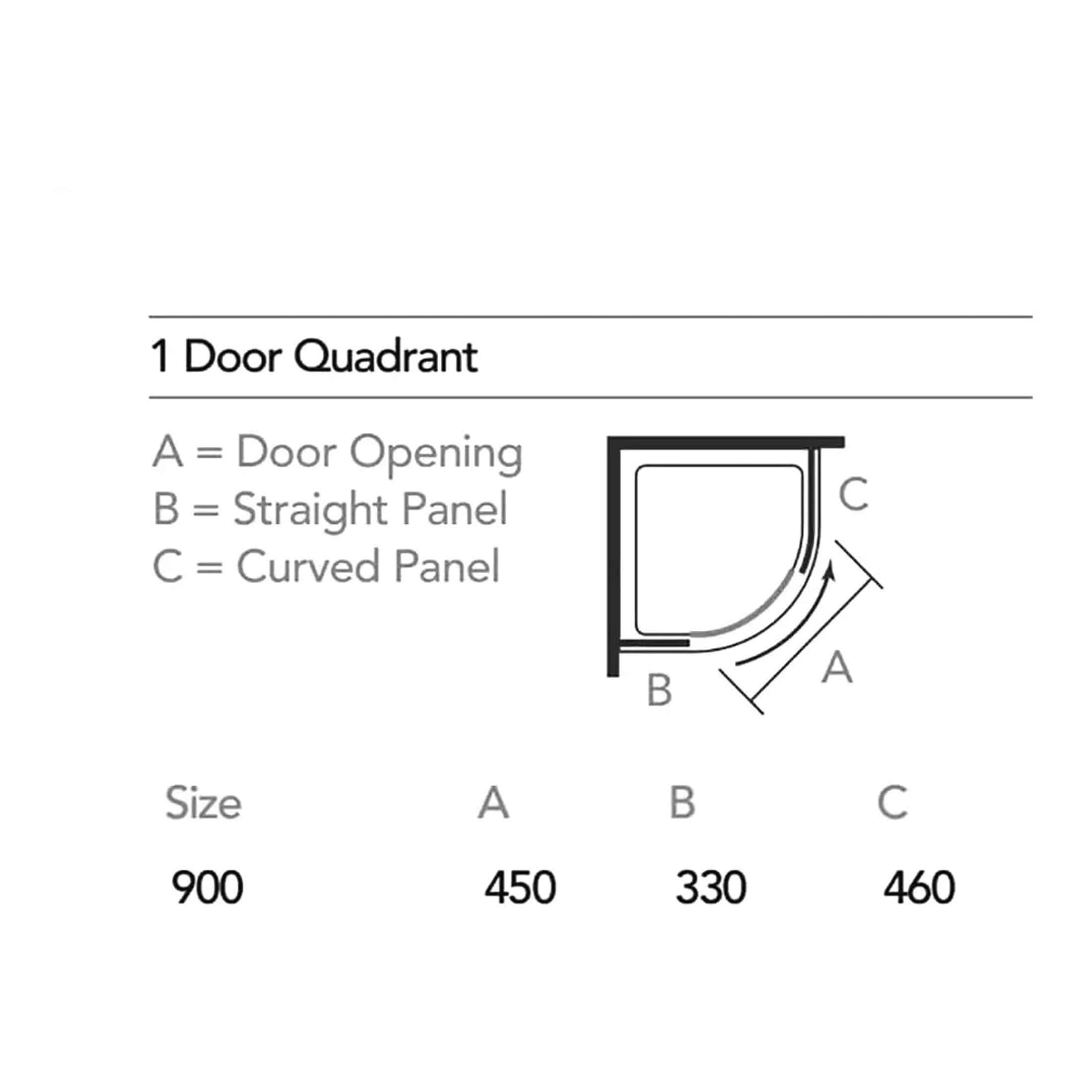 Elegant shower enclosure diagram from Bubly Bathrooms, showcasing door quadrant dimensions and configurations including door opening, straight, and curved panels for customised bathroom designs.