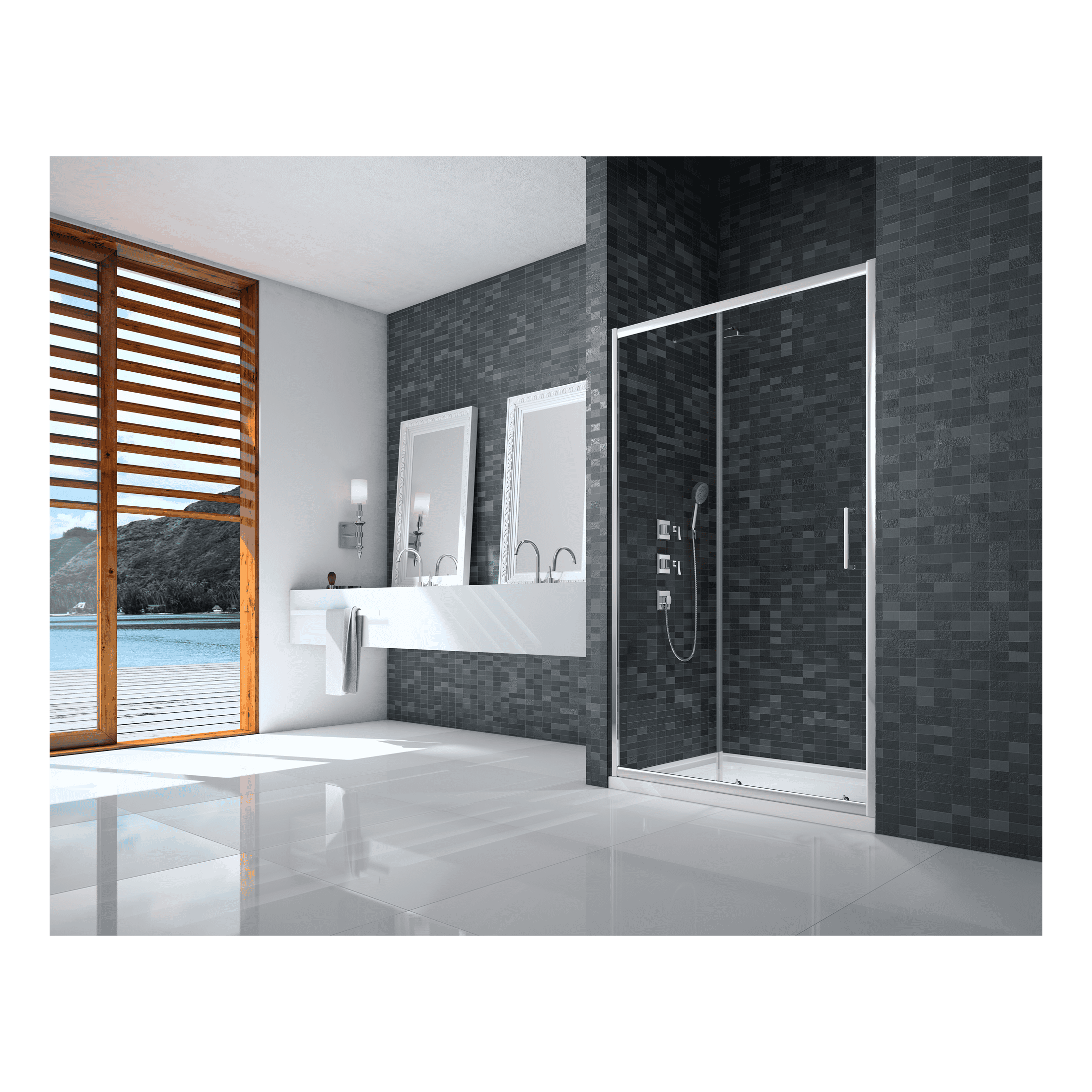 Modern contemporary bathroom with black mosaic tiles, double sinks, large mirrors, and a sleek walk-in shower, featuring natural light from a large window overlooking a scenic view.